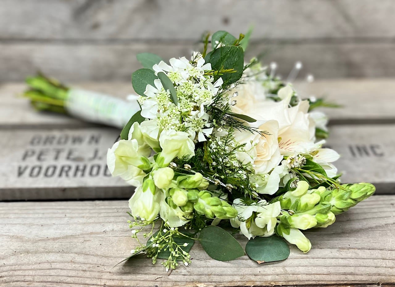 Prom Nosegay _ White - Mix of all white flowers arranged beautifully in small handheld handpicked look will have a variety of filler and eucalyptus greens. Stems will be wrapped in your choice color sheer ribbon. Ribbon color is to compliment dress color not exactly match. All bouquets will be finished with light glitter.  Please note in special instructions what color ribbon and any other special requests.  Bouquets typically contain a mix of roses, spray roses, alstroemeria, daisies, stock, hydrangea, snap dragons, carnations, mini carnations, fillers and greens    Bouquet will not match the photo exactly, as each nosegay is uniquely hand made by our designer. Will have same look, feel and size.  