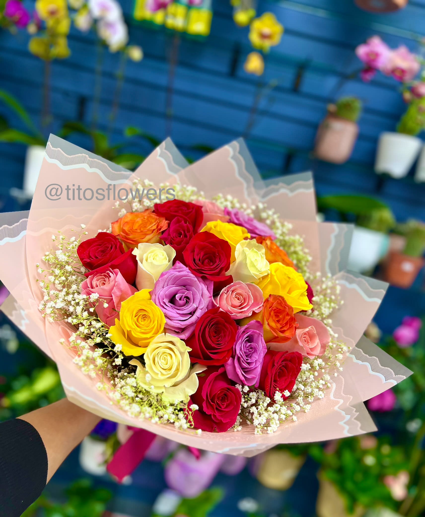 Ramo de Alegría Ramo de Alegría - “The 'Ramo de Alegría' is an impressive bouquet featuring 24 vibrant roses in various colors, elegantly wrapped in Korean paper. This bouquet radiates vitality and happiness with its lively and diverse colors, creating a floral celebration of joy. Perfect for expressing positive emotions and commemorating special moments with a splash of color and elegance."