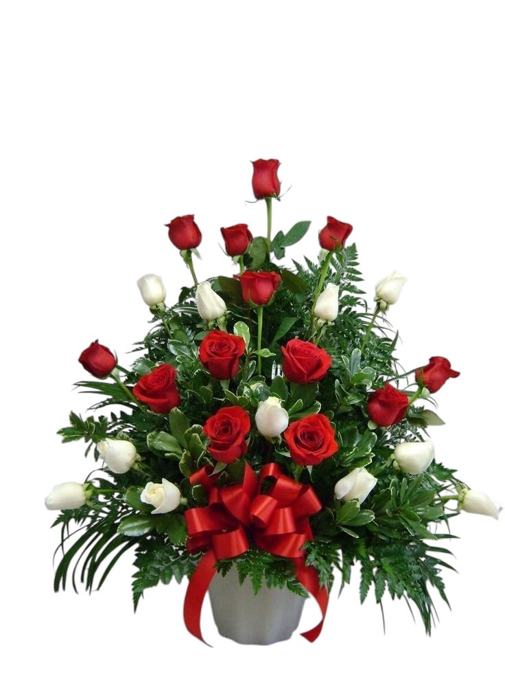 Red and White Bouquet Red and White Bouquet - The perfect arrangement of Red and White roses is a spectacular gift for your loved ones. 24 Red and White Stem Roses, assorted greenery filler and a ribbon bow to create this beautiful arrangement.