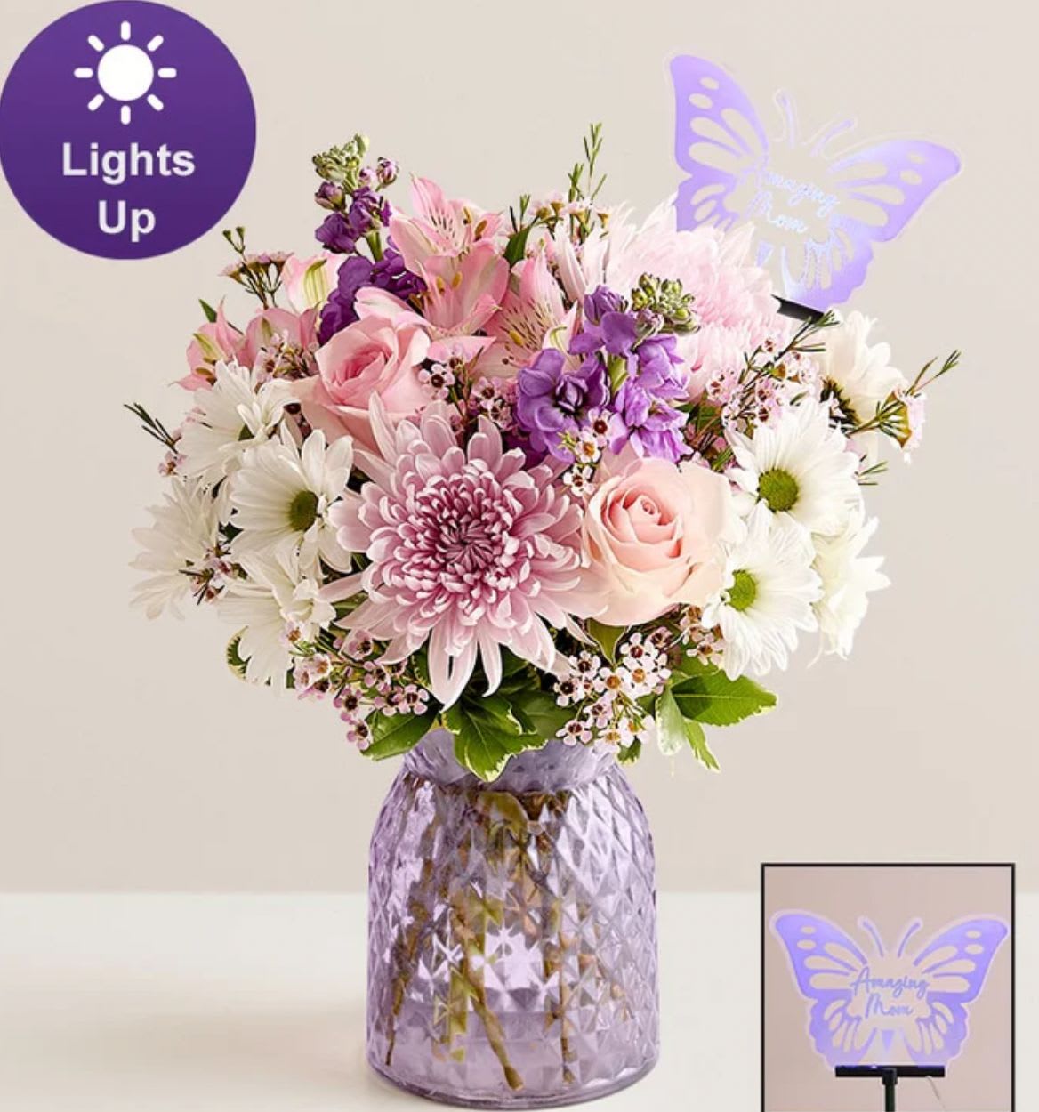Amazing Mother Bouquet - All-around arrangement of pink roses, Peruvian lilies (alstroemerias), cremons, and waxflower; white daisy poms; and greenery; medium and large include lavender stock as well Artistically designed in our embossed lattice vase, delicately cinched and finished in translucent lavender; measures 6.3&quot;H x 7.7&quot;Dia Premium arrangement measures approximately 17”H x 14”W Deluxe arrangement measures approximately 16”H x 13”W Standard arrangement measures approximately 15”H x 12”W To ensure lasting beauty, Peruvian lilies may arrive in bud form and will fully bloom over the next few days Our florists hand-design each arrangement, so colors and varieties may vary due to local availability