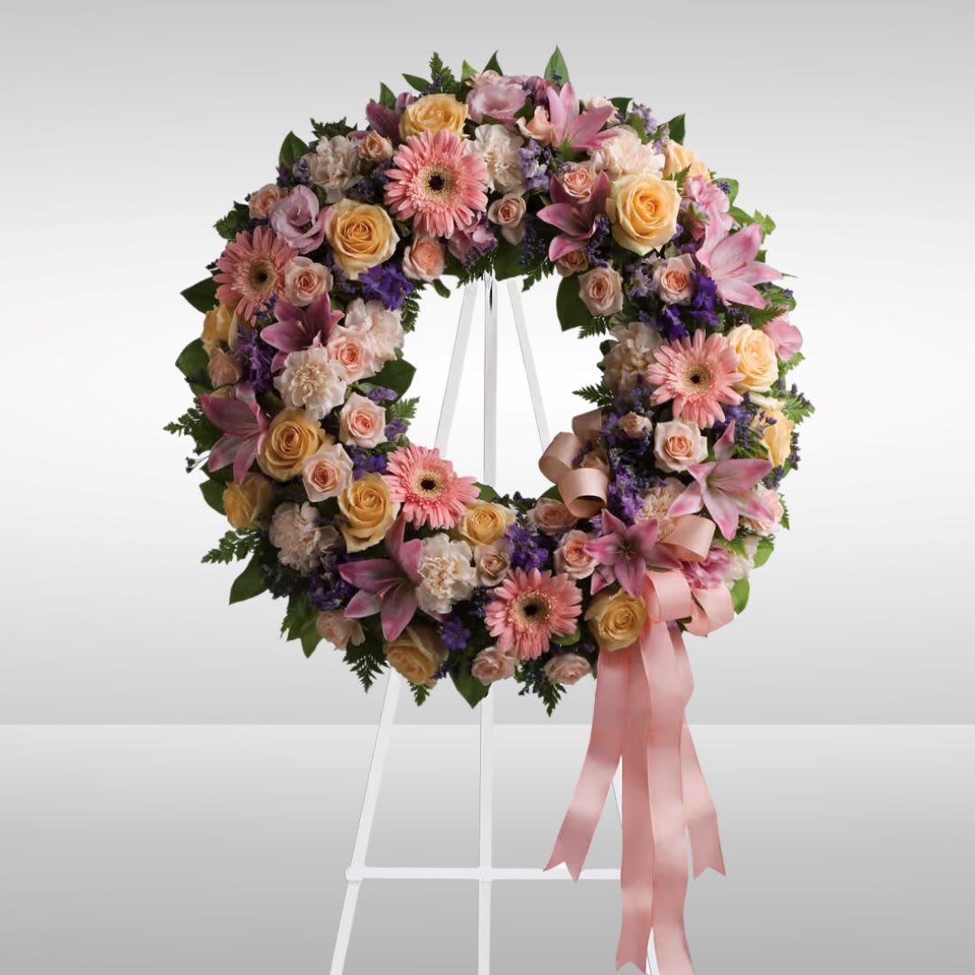 Graceful Garden Wreath - Family and friends will recollect how special their loved one was with this gentle and timeless circle of fragrant blooms to celebrate sweet memories. MUST BE ORDERED 2-3 DAYS IN ADVANCE.