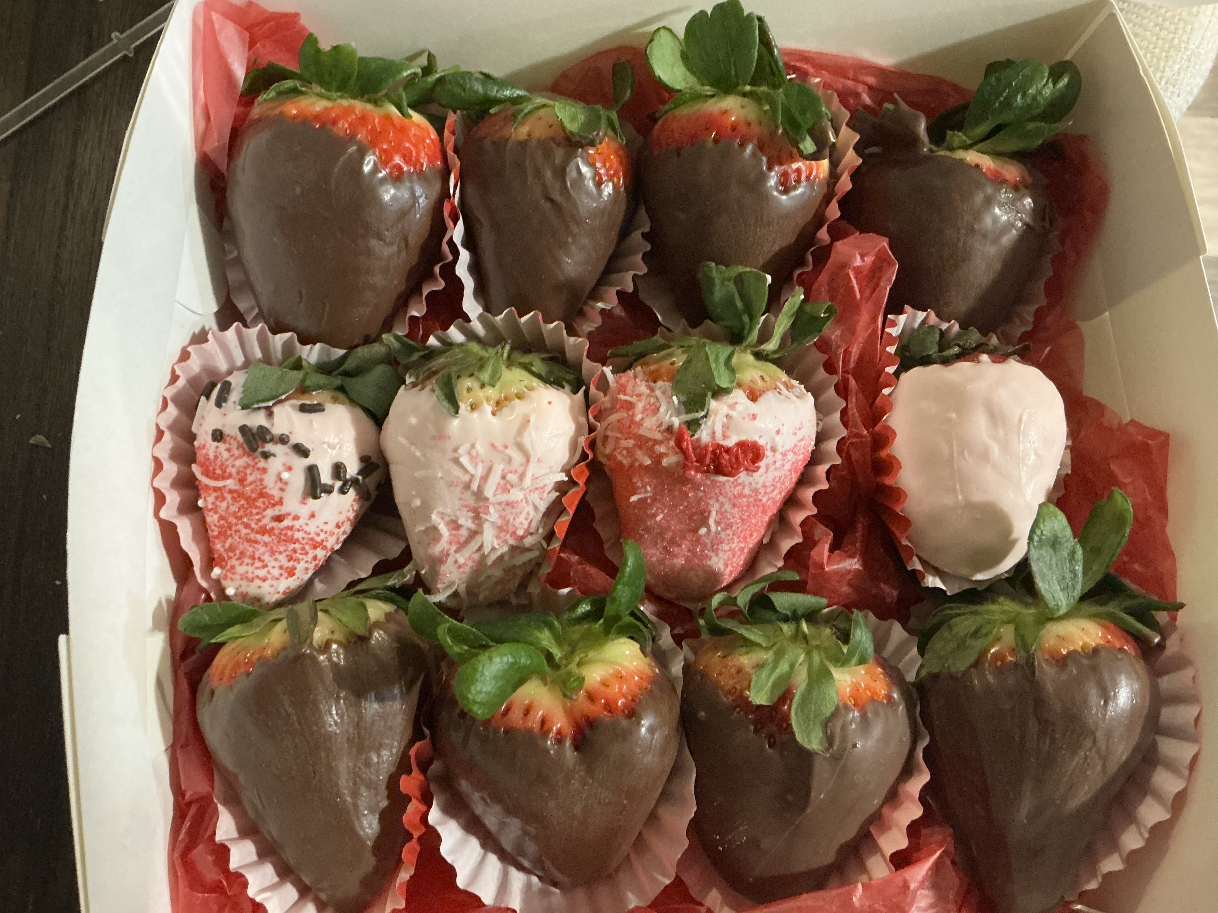 Chocolate strawberries and roses - Strawberries dipped on Dark chocolate and milk chocolate, 