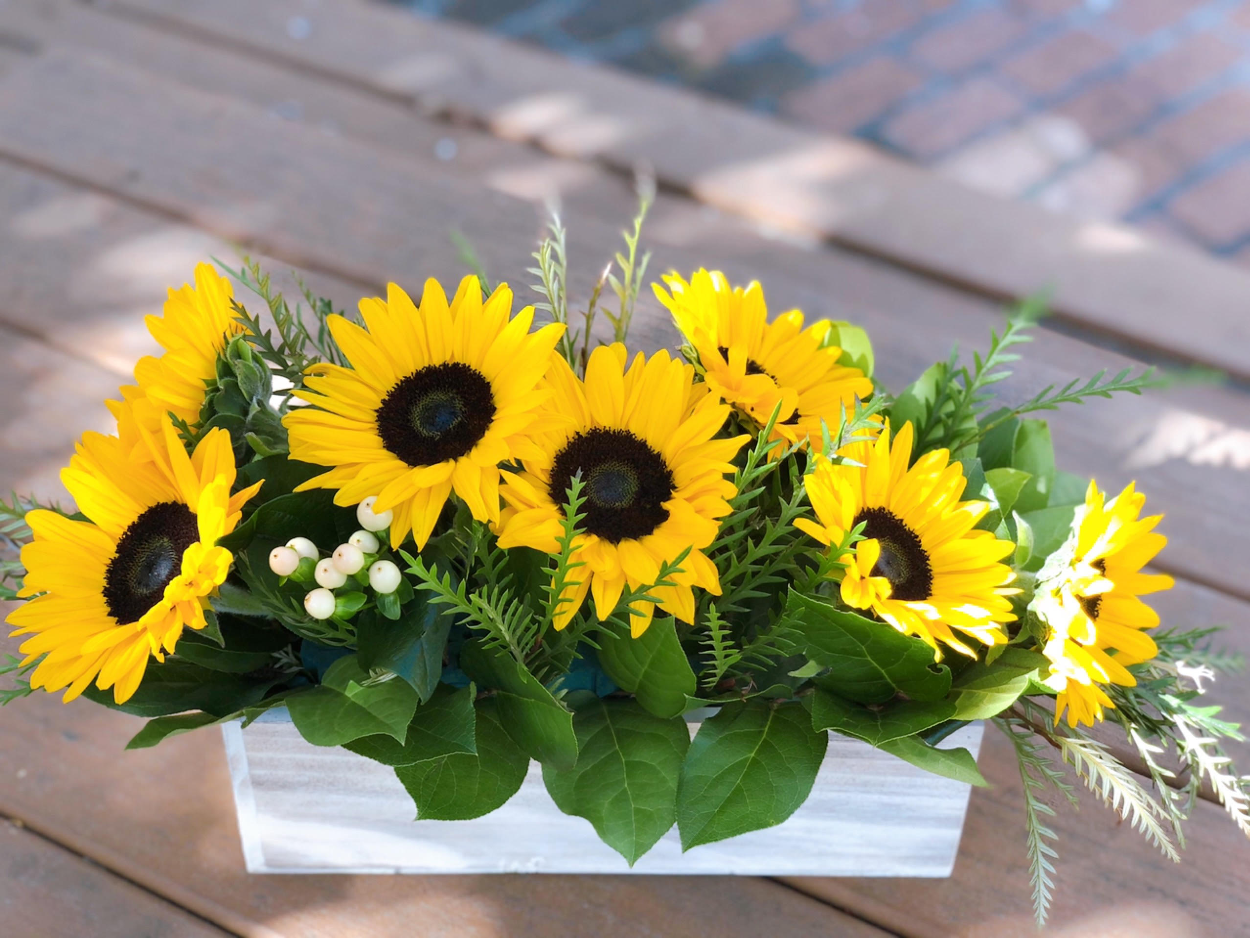 Sunflowers Garden Sunflowers Garden - - 8 Sunflowers - 3 Stems Hypericums - Greenery - 12 x 4 Inches Wooden Box