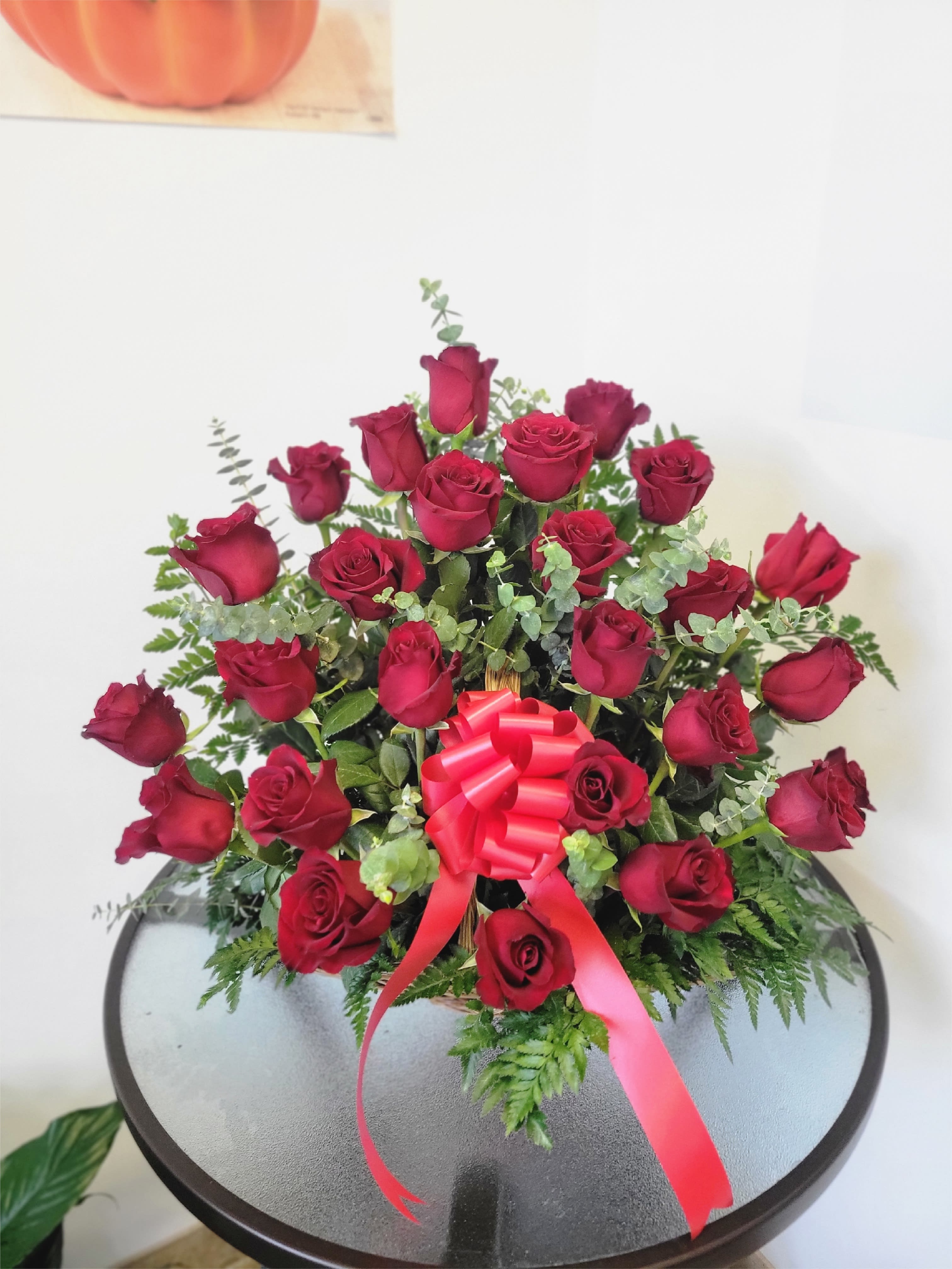 Love Love - Amazing flower arrangement of 24 red roses in a single sided basket  Similar flowers and colors