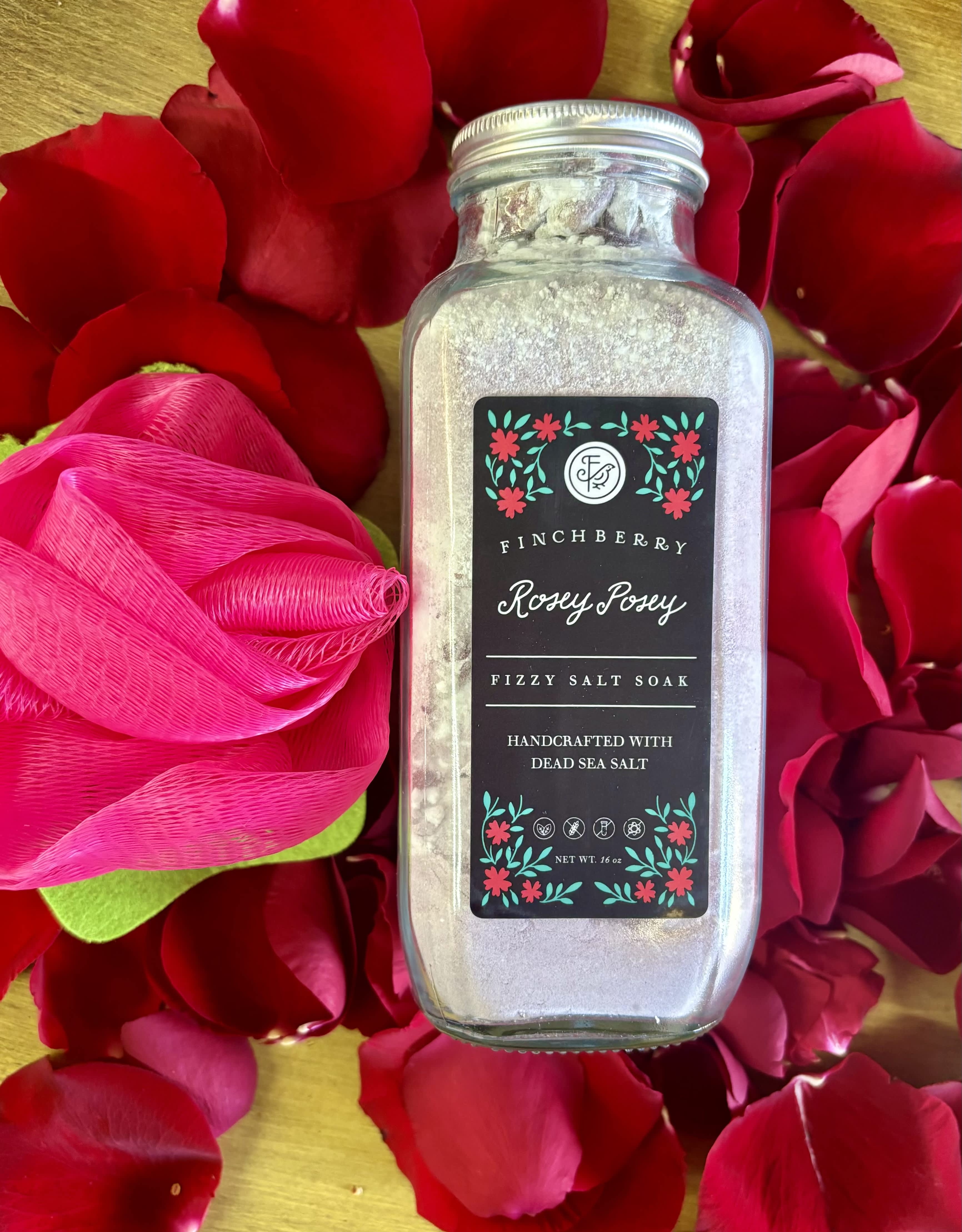 Rose Petal Bath gift set - Everything you need to create a rose petal bath! It's romantic, lush, evocative, and calming. Gift set includes Rosey Posey fizzy salt soak by Finchberry, a bag of fresh rose petals, a rose shaped bath loofah, and a 3.4 oz candle. 