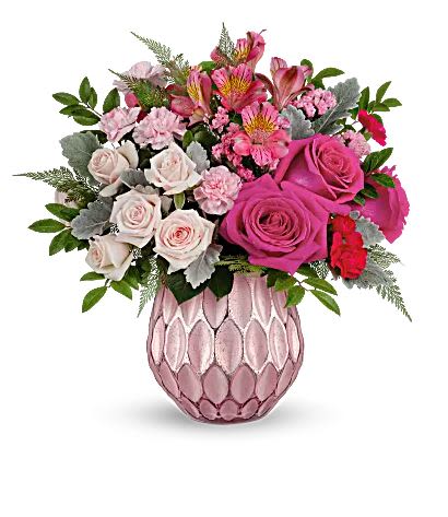 Pretty Love Bouquet - This arrangement features hot pink roses, light pink spray roses, dark pink alstroemeria, miniature pink carnations, pink sinuata statice, dusty miller, huckleberry and leatherleaf fern   Great arrangement to get your loved ones for Mother's Day 