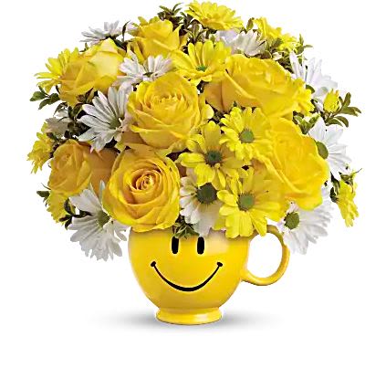 Be Happy® Bouquet with Roses Be Happy® Bouquet with Roses - Yellow roses and daisy spray chrysanthemums along with white daisy spray chrysanthemums and oregonia. Great arrangement to get your loved ones for Mother's Day
