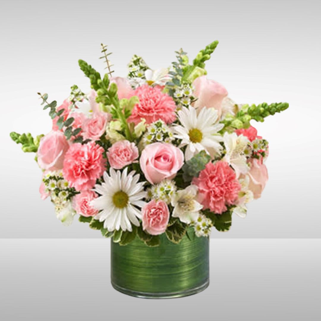 Cherished Memories - Pink and White Cherished Memories - Pink and White - A graceful arrangement of pink roses, white snapdragons, white alstroemeria, pink carnations, white daisy poms, white mini carnations, and white monte casino, gathered with variegated pittosporum and spiral eucalyptus.