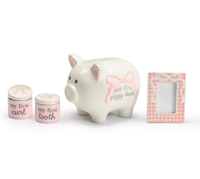Baby Girl Gift Set Baby Girl Gift Set - Pink gift set for a baby girl that includes a piggy bank, picture frame, and two containers for a first tooth and curl. They pieces are accented with bows and gingham patterns. Bank: 5"H X 4.75"W X 6.75"D Containers: 2"H X 2"Diameter Frame: 4"H X 3"W, Photo: 2.5" X 3.5"