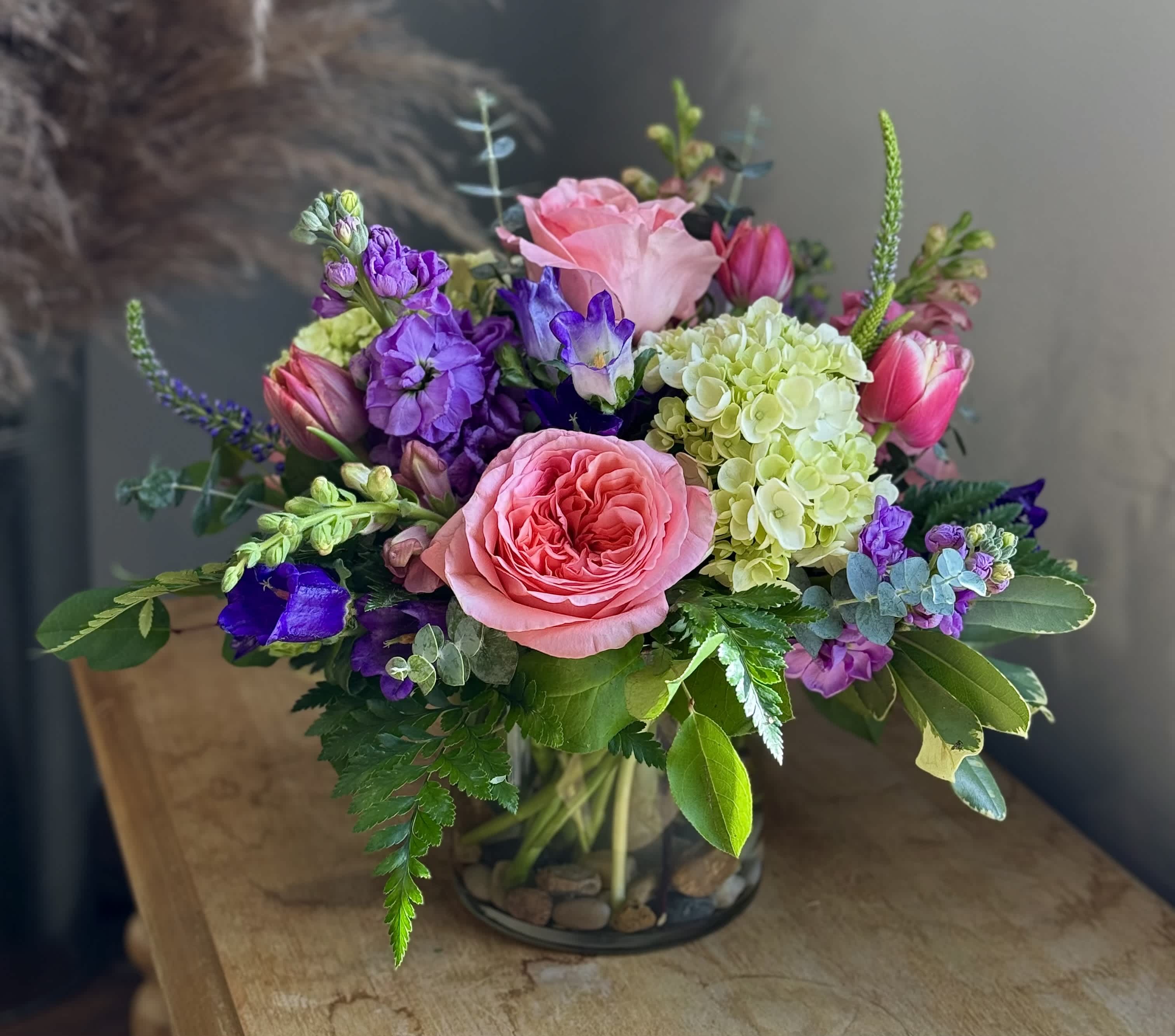 The Layla by Simply Fresh Flowers - The Layla is a lovely design incorporatin roses, mini hydrangea, stock, campanula, snapdragons, double tulips &amp; veronica. 