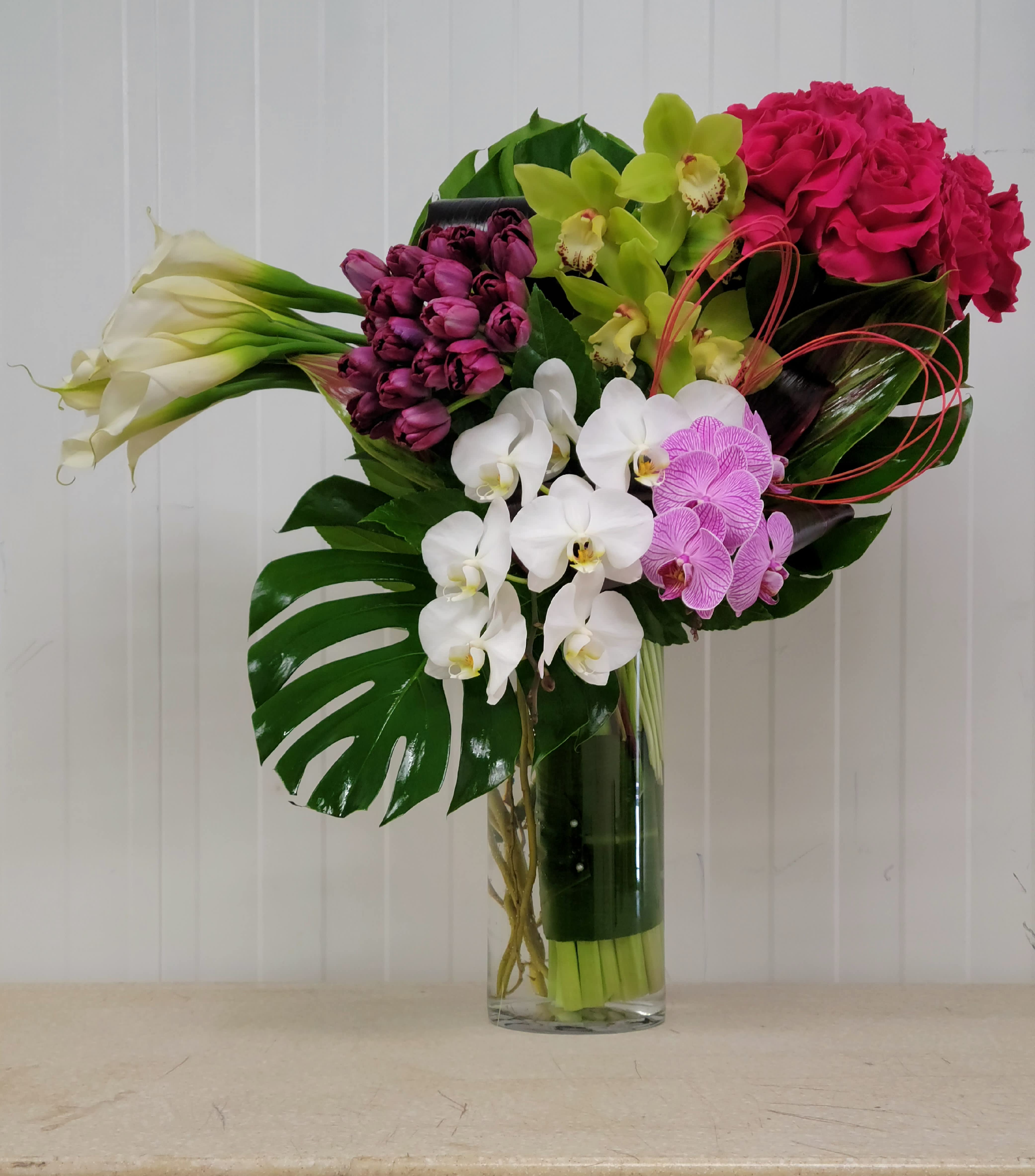 Special Love - Make her feel special with this beautiful orchid, roses, tulips, and calla lily  on this Valentine&quot;s