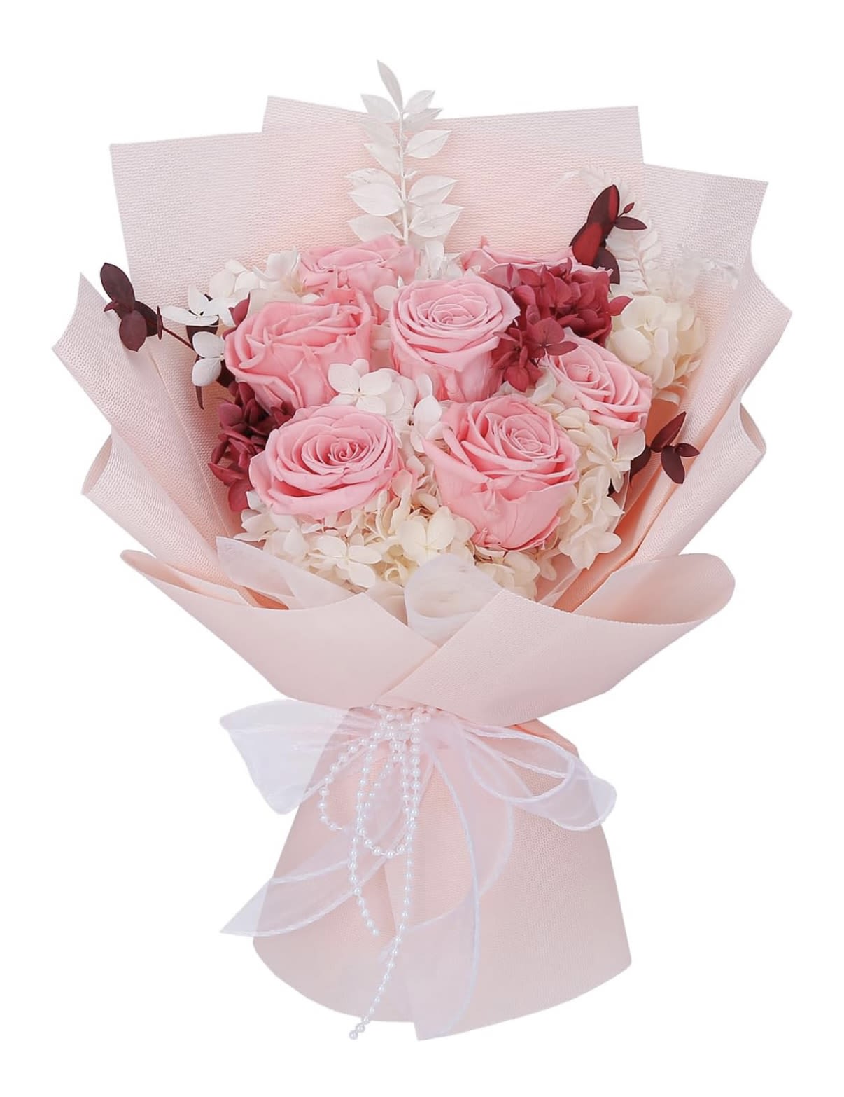 Everlasting Pink Preserved rose bouquet - Roses and florals that last over a year! Beautiful pink roses elegantly designed in this pink bouquet that will leave a smile on that special someone! They come in a beautiful white display gift bag! The perfect gift!
