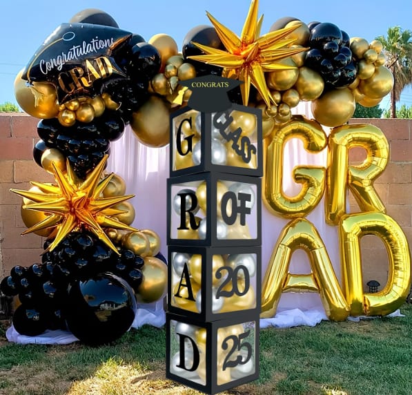 Graduation Package Graduation Package - 2025 complete graduation backdrop package. This package comes with 2025 boxes, balloon garland, pipe and drape, and foil GRAD letter balloons. Price includes setup or delivery fee. The balloons can come in any color combination of the rainbow. Premium balloons are an additional cost. *Please call to order for color changes or custom add ons.