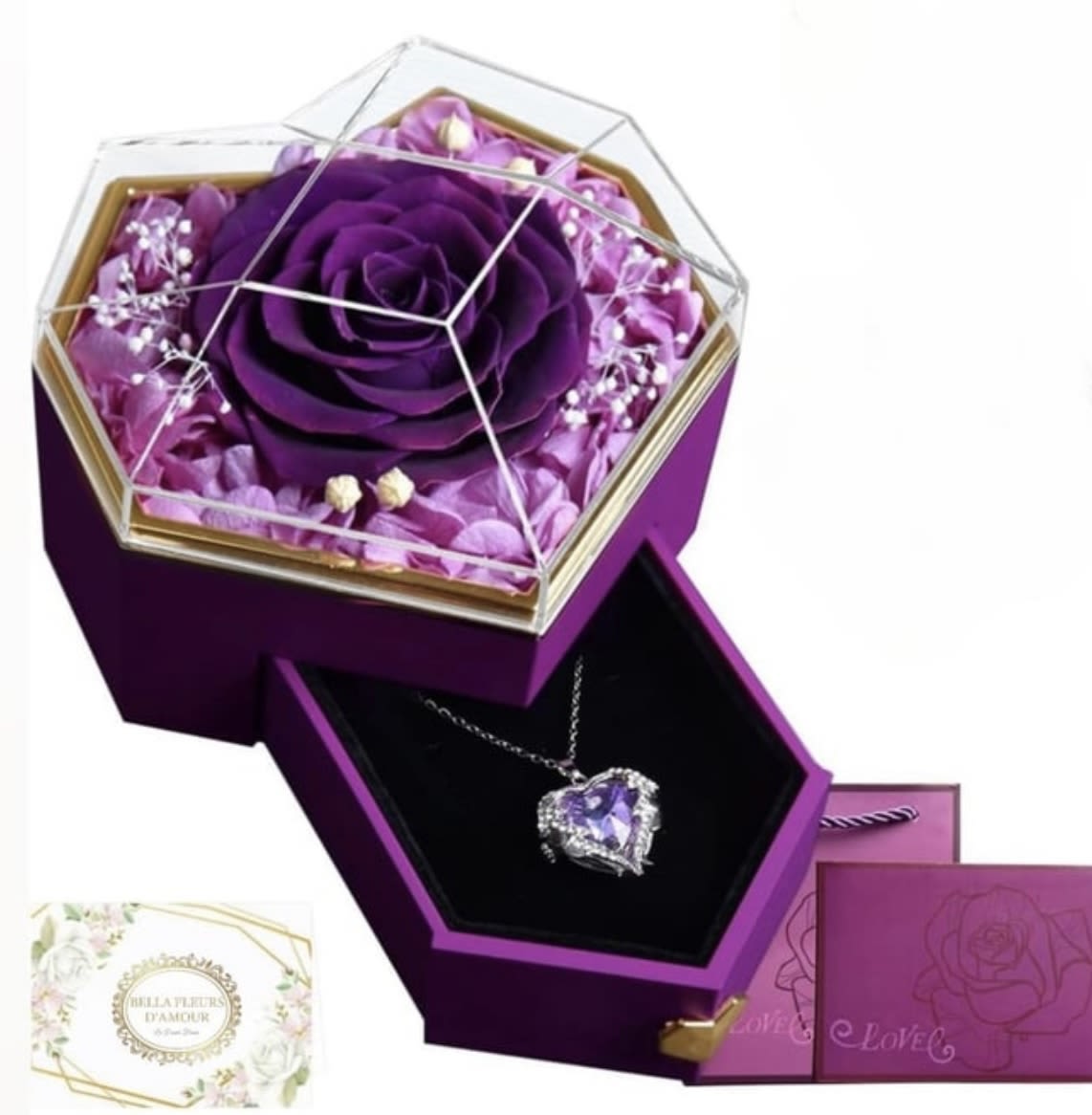 Purple eternity rose  - A beautiful purple rose preserved to last over a year elegantly displayed in a heart shaped jewelry box with a heart necklace and gift bag included! The perfect gift 