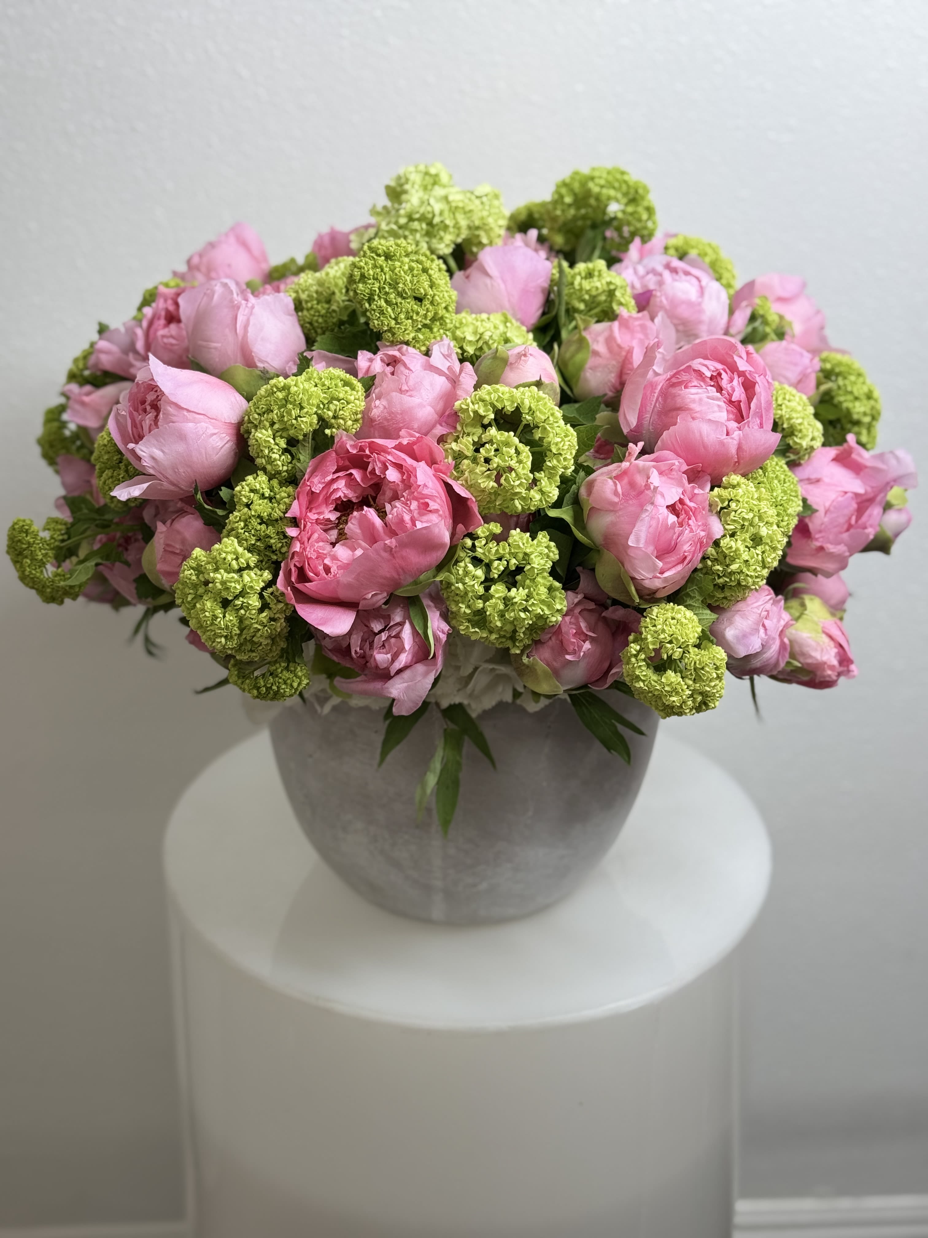 Peony Paradise  -    Step into a world of elegance with our &quot;Peony Paradise&quot; arrangement! This stunning display features an abundance of lush, fragrant peonies, showcasing their magnificent blooms in a symphony of soft pinks and whites. Paired beautifully with delicate viburnum, this arrangement exudes sophistication and charm, making it a perfect centerpiece for any occasion.  Nestled in a sleek concrete vase, the &quot;Peony Paradise&quot; captures a modern aesthetic while highlighting the natural beauty of the flowers. The contrasting textures of the peonies and viburnum create a harmonious blend that will elevate any space with its enchanting allure.  Ideal for weddings, celebrations, or simply to brighten your home, this exquisite arrangement is a timeless choice that speaks to the heart of spring. Treat yourself or a loved one to the luxurious beauty of our &quot;Peony Paradise&quot;—order yours today and let nature's splendor bloom!