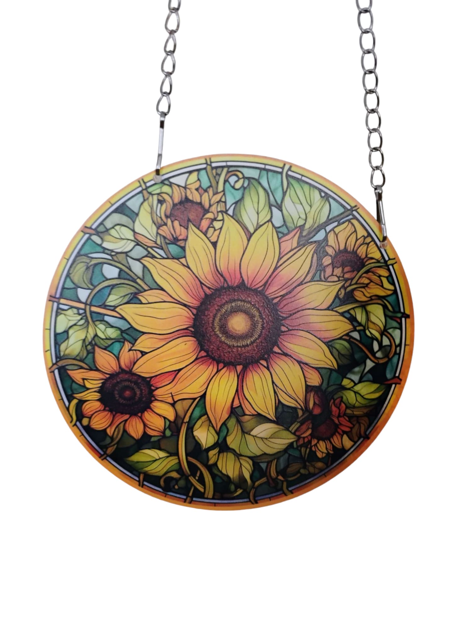 Sunflower Suncatcher - Illuminate your space with our stunning 6&quot; Sunflower Suncatcher, crafted from high-quality acrylic and featuring a durable metal chain hanger. When sunlight filters through, it casts vibrant, colorful images that will brighten any room or garden. This delightful suncatcher is the perfect gift to uplift someone's spirits or to add a touch of charm to your own decor.