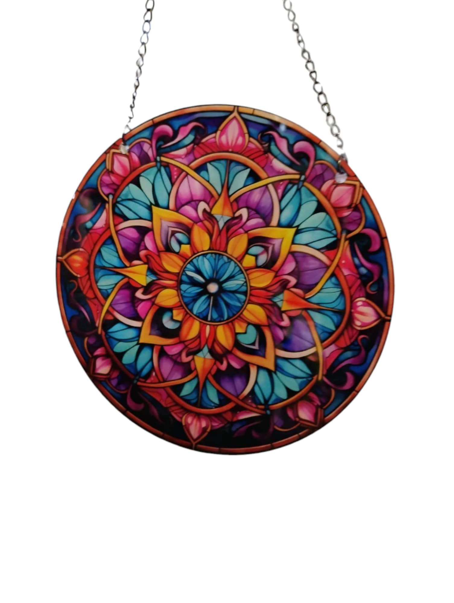 Mandala Suncatcher - Illuminate your space with our stunning 6&quot; Mandala Suncatcher, crafted from high-quality acrylic and featuring a durable metal chain hanger. When sunlight filters through, it casts vibrant, colorful images that will brighten any room or garden. This delightful suncatcher is the perfect gift to uplift someone's spirits or to add a touch of charm to your own decor.