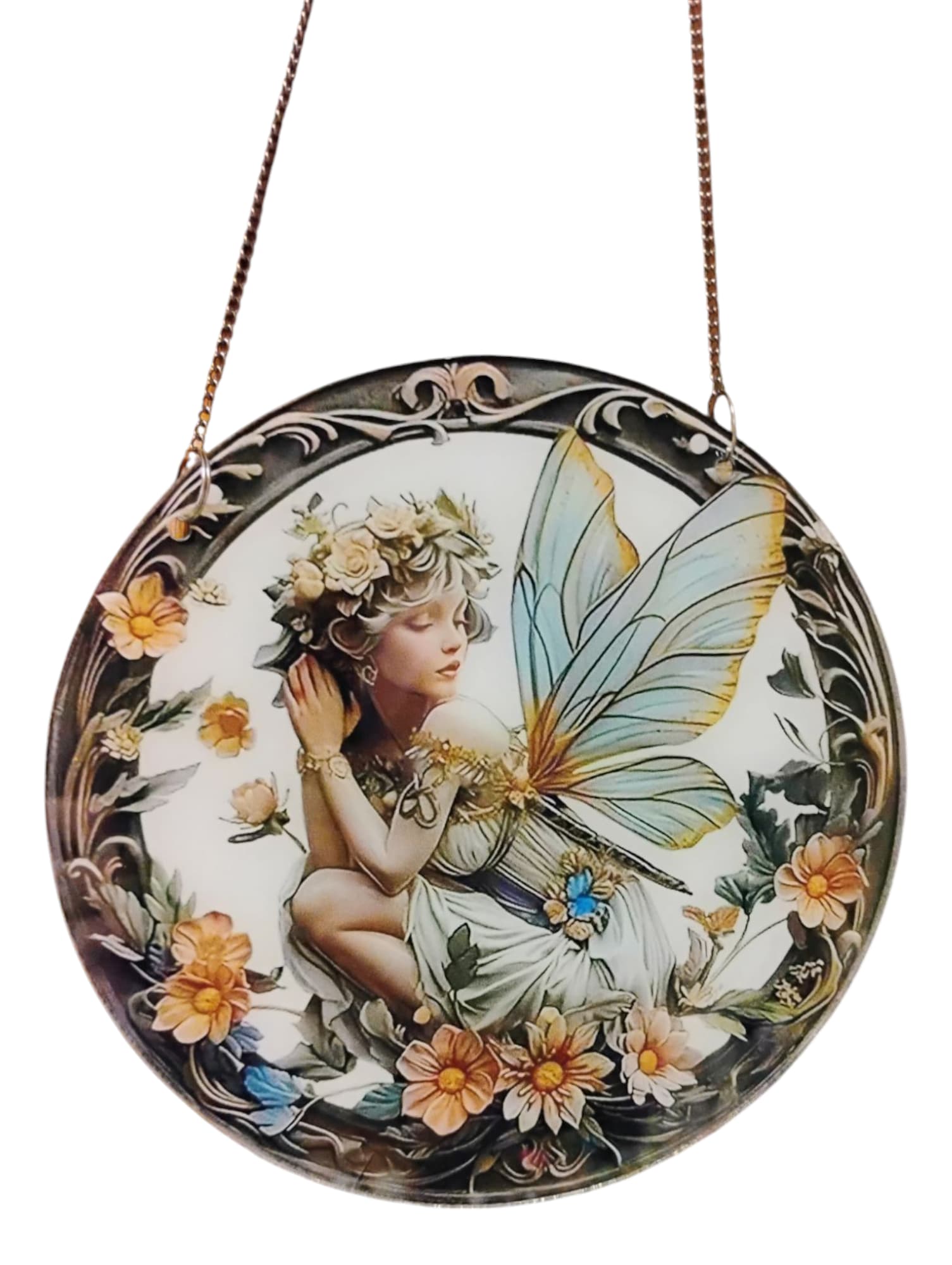 Fairy Girl Suncatcher - Illuminate your space with our stunning 6&quot; Fairy Girl Suncatcher, crafted from high-quality acrylic and featuring a durable metal chain hanger. When sunlight filters through, it casts vibrant, colorful images that will brighten any room or garden. This delightful suncatcher is the perfect gift to uplift someone's spirits or to add a touch of charm to your own decor.