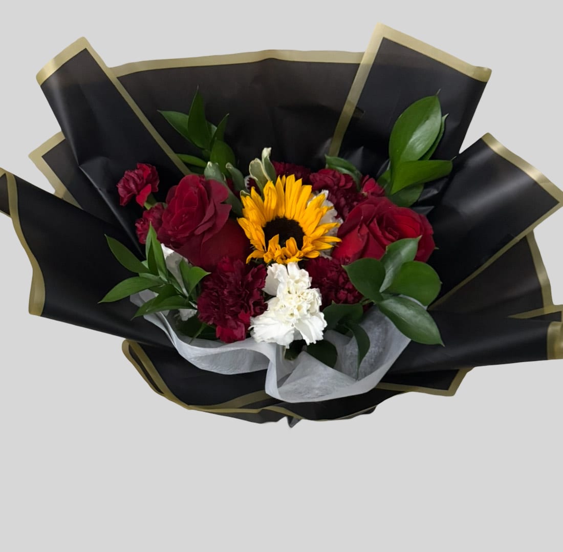 Red rose sunflower bouquet  - Red roses, sunflower,red carnation, white carnation, ruscus