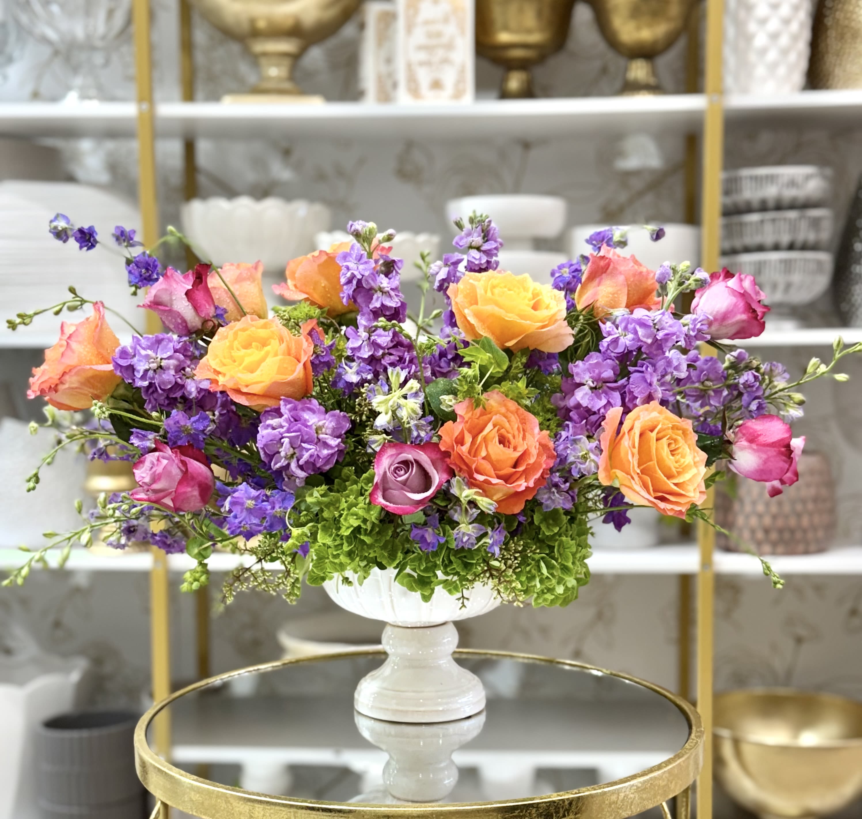 Garden Glamour Garden Glamour - Gorgeous mix of bright spring blooms in stunning pedestal vase