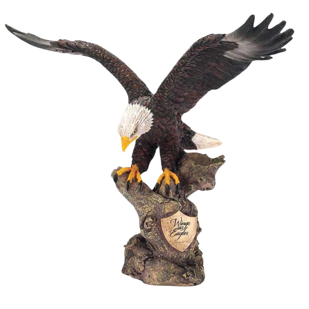 Wings As Eagles Statue Wings As Eagles Statue - This striking eagle figurine captures the majestic beauty of the eagle, symbolizing strength and faith. Perched powerfully on a tree stump, the eagle features intricate, lifelike detail that brings a sense of inspiration to any space. An antique gold-finish plaque on the base is engraved with 'Wings As Eagles' and the scripture Isaiah 40:31, serving as a reminder of the strength we draw from faith. Standing at 7.5" tall and crafted from durable resin, this figurine makes a meaningful addition to your home or as a thoughtful gift.