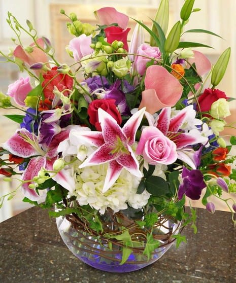 Bubble Bowl Brilliance Bubble Bowl Brilliance - Large Bubble Bowl filled with gorgeous blooms of stargazer lilies, roses, hydrangeas, and more. This is a luxury arrangement is perfect for those milestones that are being celebrated.