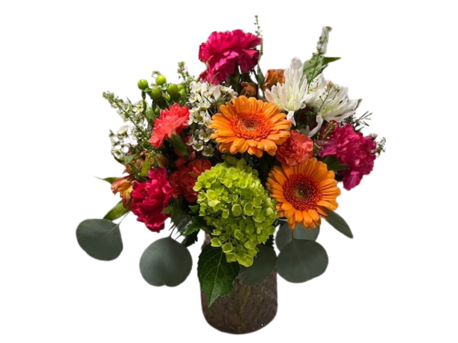 Sherbert Sherbert - Bright medium sized arrangement in color glass vase. Bright pinks, whites, greens and oranges consisting of carnations, mini gerbera daisies, daisy's and berries