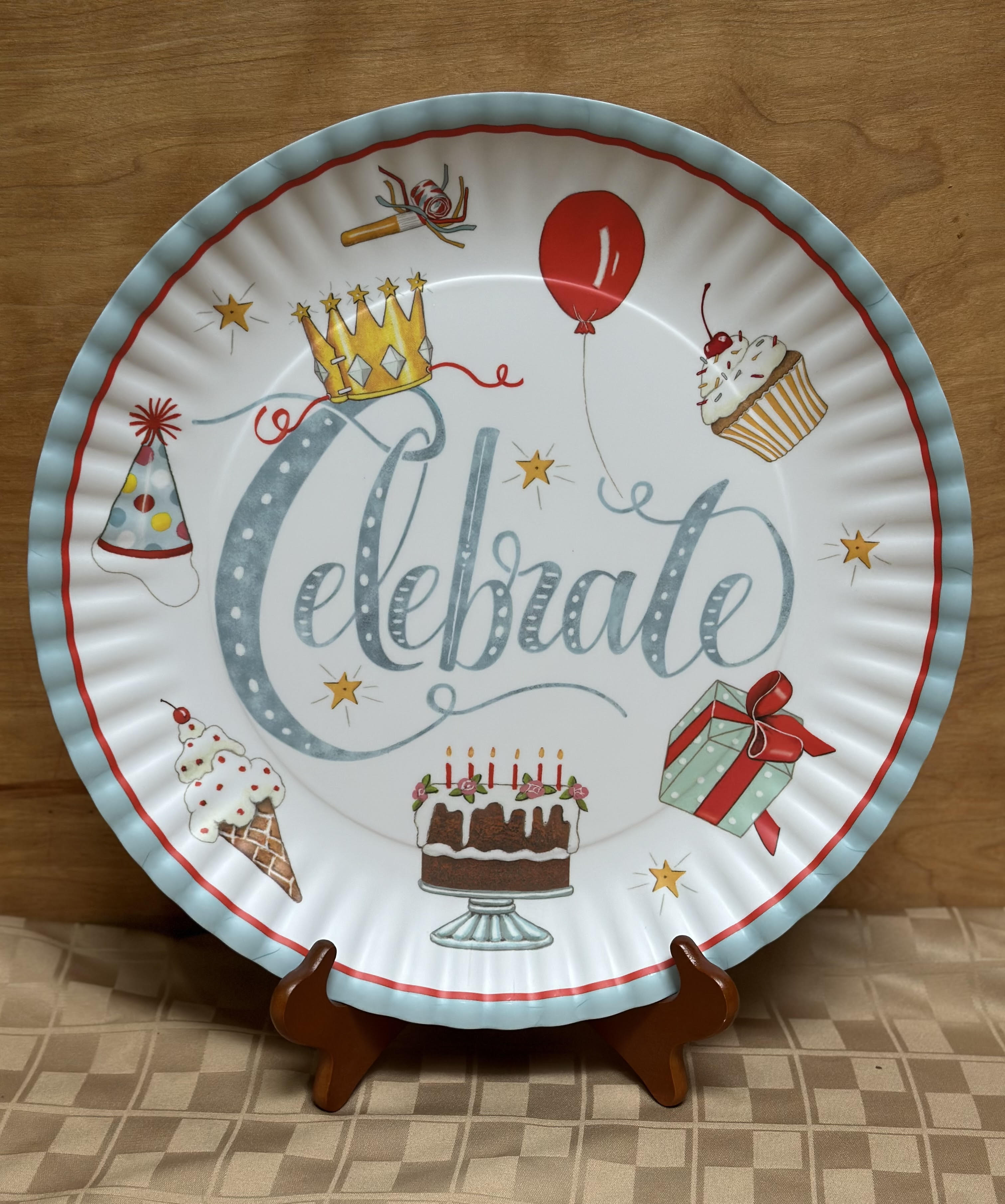 Celebrate Melamine platter - 16&quot; round Durable melamine platter that looks just like a paper plate! Dishwasher Safe