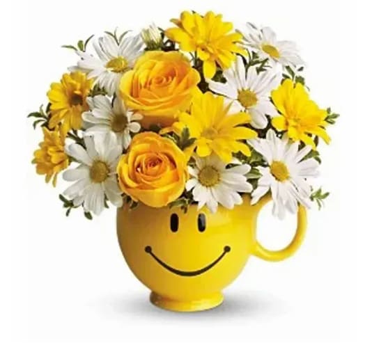 Be Happy Bouquet - There are probably a million reasons this is such a popular bouquet. Of course, there are probably just as many reasons to send this cheerful arrangement. Full of happy flowers, this ceramic happy face mug will bring smiles for years to come. Especially when filled with that first cup of morning coffee or cocoa!