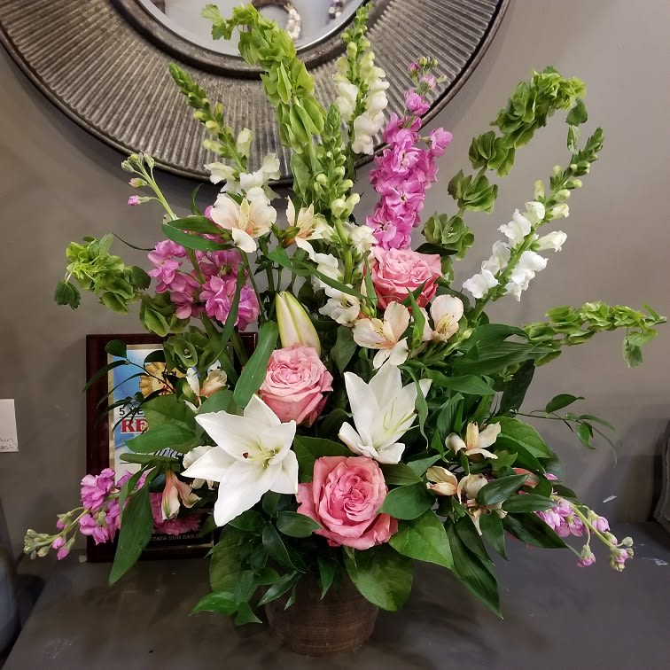 Loving Memories - This pink and white arrangement, with seasonal blooms, is perfect to display your heartfelt sentiments.