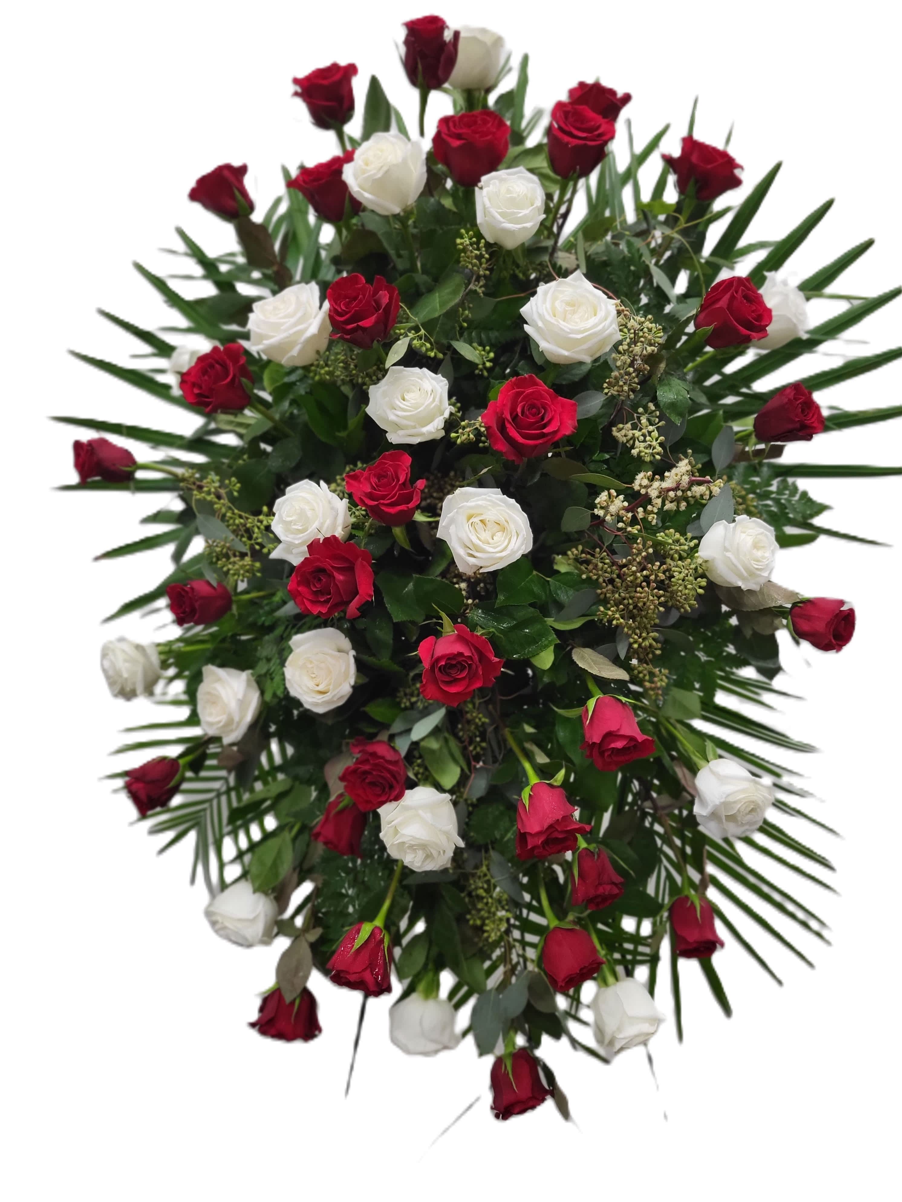 Red and White Rose Easle Red and White Rose Easle - Strong red and pure white roses offer a fitting tribute to a life well lived. Deluxe