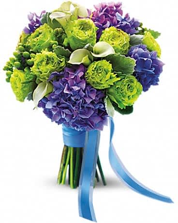 Luxe Lavender and Green Bouquet - Steal the show with this bright, modern mix of green garden roses, purple hydrangea and mini white callas. Green roses, purple hydrangea and white miniature callas, all bundled in a blue satin ribbon.