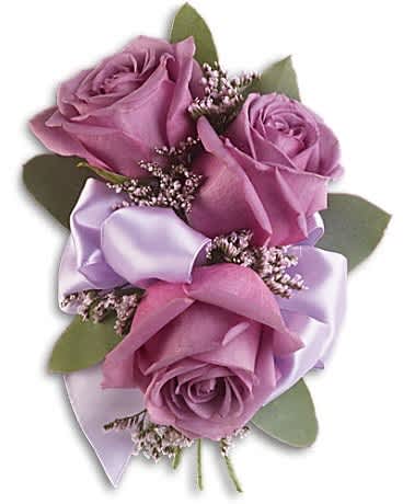 Soft Lavender Corsage - Fall in love with these soft lavender roses. Lavender roses, pink limonium and seeded eucalyptus.