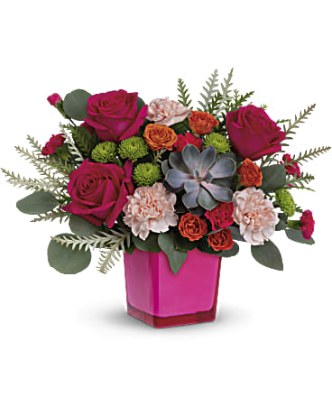 Teleflora's Sunkissed Bouquet - Bright as the sun! Add warmth to any occasion with these hot pink roses in a fabulous fuchsia glass cube. This sunny bouquet features hot pink roses, orange spray roses, peach carnations, miniature hot pink carnations, green cushion spray chrysanthemums, silver dollar eucalyptus, grevillea and a large green potted echeveria succulent. Delivered in a Color Splash cube.