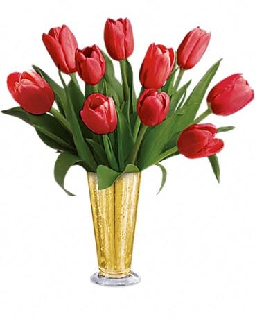 Tempt Me Tulips Bouquet by Teleflora - Red hot! Whatever the occasion, these tempting tulips are sure to delight. The classic red blooms are gracefully arranged in a golden mercury glass vase for a touch of vintage romance. Includes ten red tulips. Delivered in a large Mercury Glass Julep.