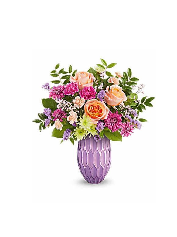 Pretty Glow Bouquet - Make her Mother's Day shine with Pretty Glow Bouquet, featuring a stunning mix of roses, carnations, and chrysanthemums, beautifully presented in a sculpted glass vase with a purple mercury-inspired finish. This vibrant arrangement is a perfect blend of elegance and charm to brighten her special day.
