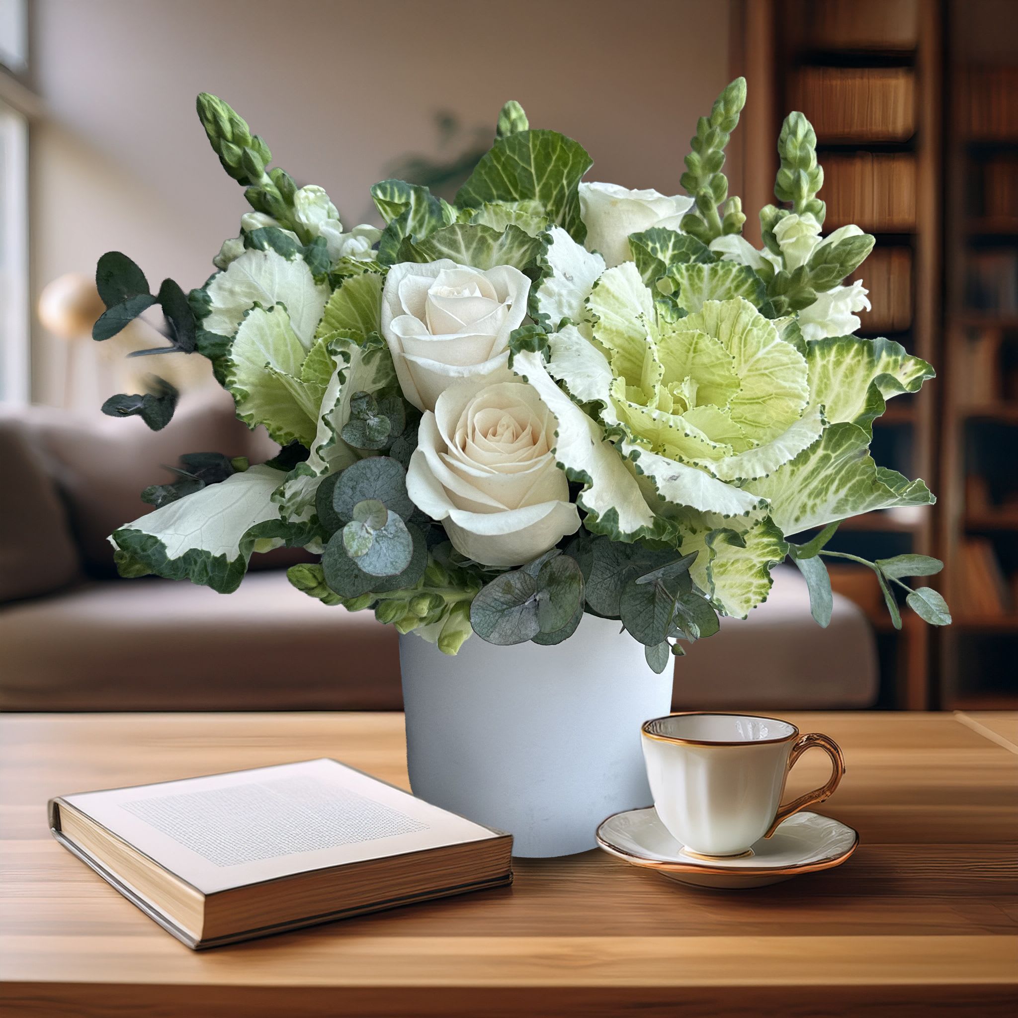 Call me maybe <3 Call me maybe <3 - This serene and sculptural arrangement features a refined combination of white roses, ornamental kale, green hydrangeas, and snapdragons, accented with soft eucalyptus for a clean, organic finish. Styled in a modern matte white ceramic vase, this design offers a fresh and calming presence, perfect for luxury home interiors, corporate offices, or same-day flower delivery in Los Angeles. Created by Touch Of Orchids LA, this piece blends texture and tonal contrast for an elevated look that works beautifully in minimalist, modern, or transitional spaces. Ideal for sympathy arrangements, real estate staging, or elegant everyday decor, this arrangement is frequently requested by clients in Pasadena, Malibu, Beverly Hills, and Century City who value understated sophistication and natural beauty. With its long-lasting blooms and thoughtful composition, this floral design delivers a message of peace, grace, and timeless elegance.