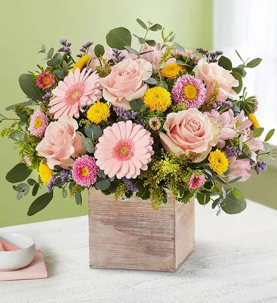 Spring Sentiment - spring colors flowers in wooden cube