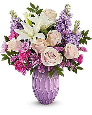 ELEGANT BLOOMS FOR MOM - DESIGN LOW IN BEAUTIFUL LAVENDER CONTAINER