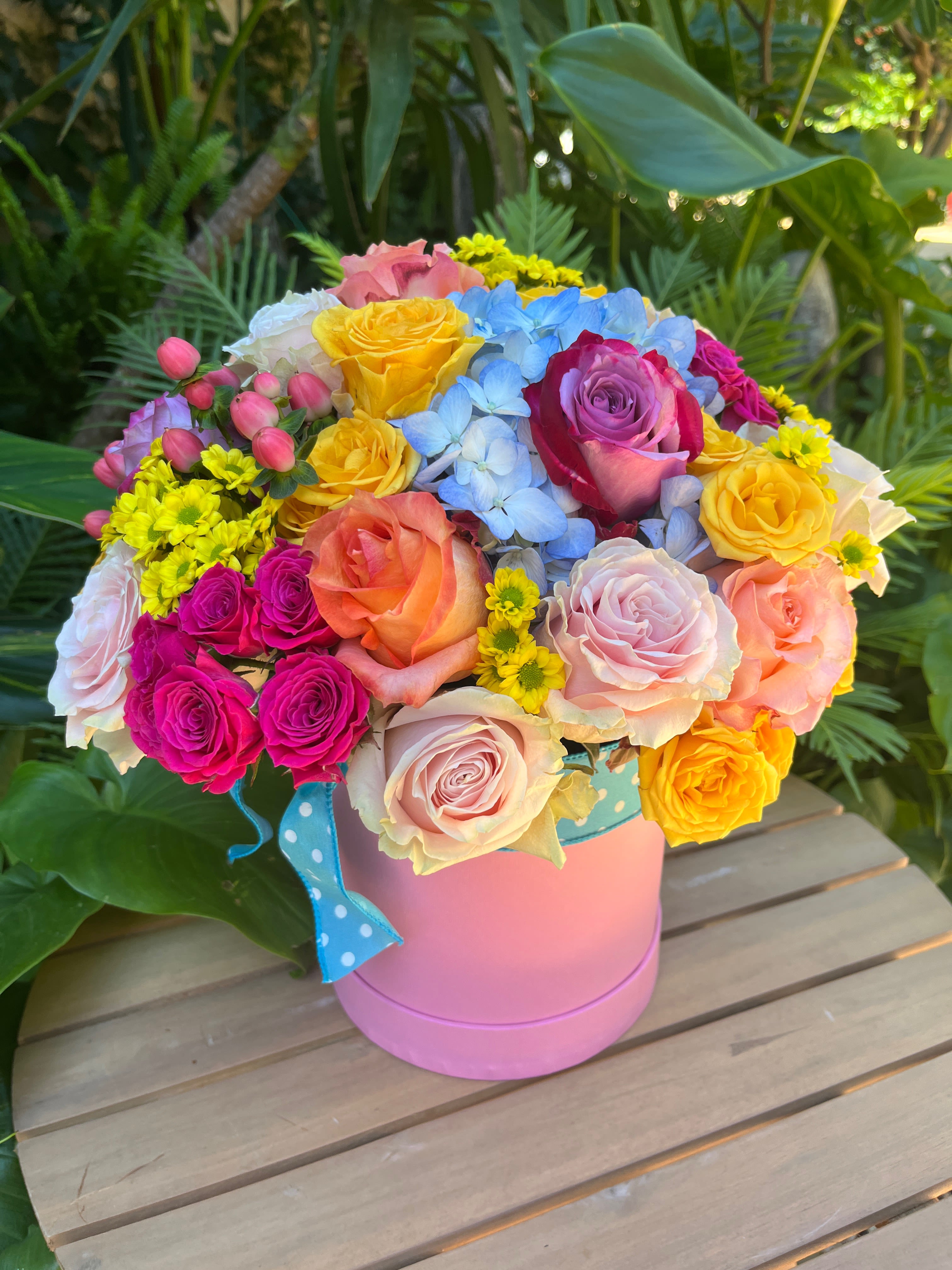 Birthday Wishes Birthday Wishes - Fresh hand-crafted mixed flower bouquet in a pink hatbox. Hatboxes are 9 inches tall (Deluxe) and 10 inches tall (Premium). Hatboxes are also available in purple, red, white, and blue. Each purchased arrangement may differ from the photo due to natural variability in the shape and coloration of natural blossoms. The main flowers in this arrangement are roses, and the rest are chosen by the designer based on the season and availability. If you would like to request a specific hatbox color or specific flower types and colors, please place your order in the Custom Arrangements section where you can specify those details or give us a call to discuss your ideas.
