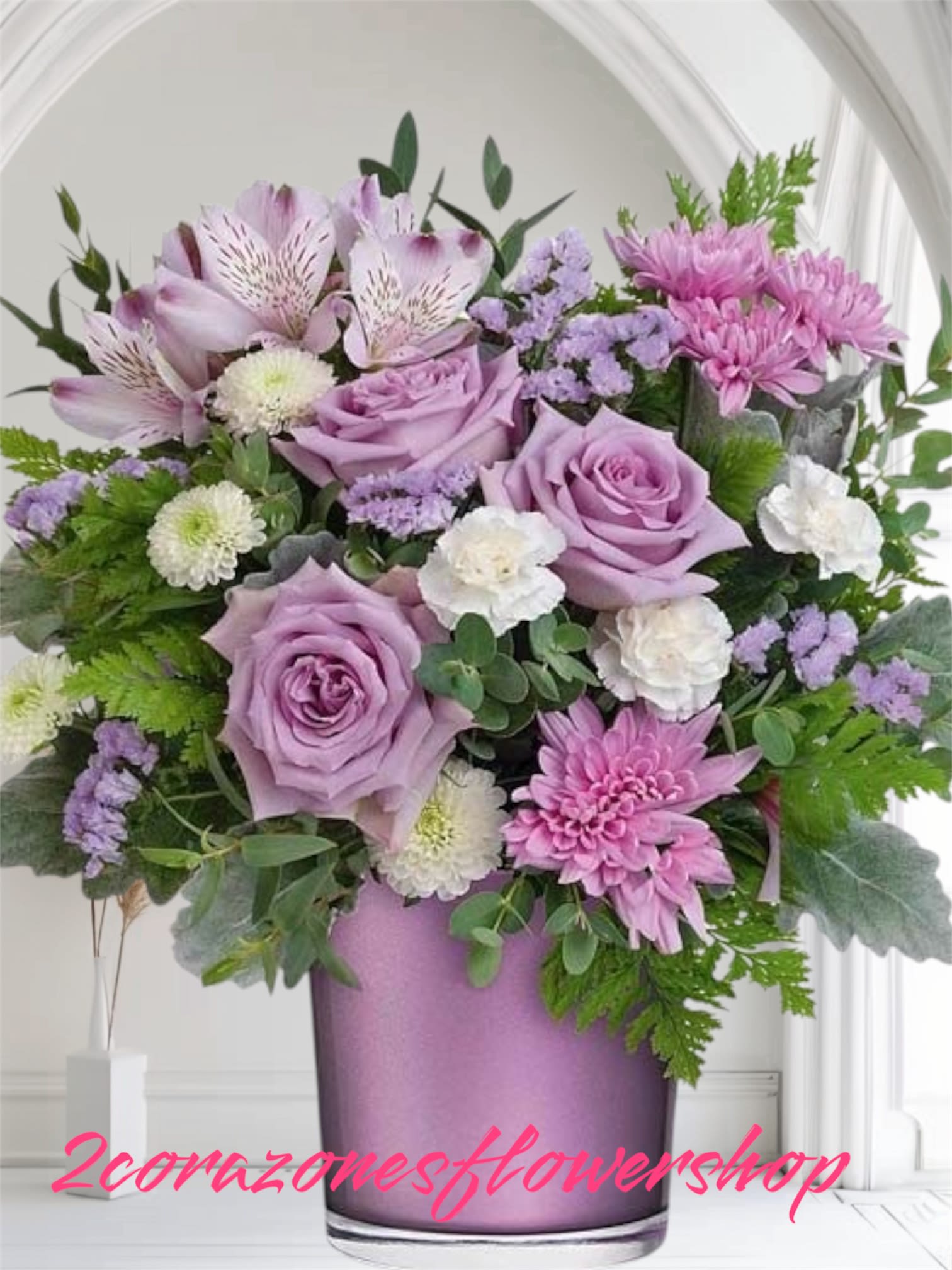 2corazones-shop - statice, alstromelias, chrysanthemums, white carbations, buttons and green foliage