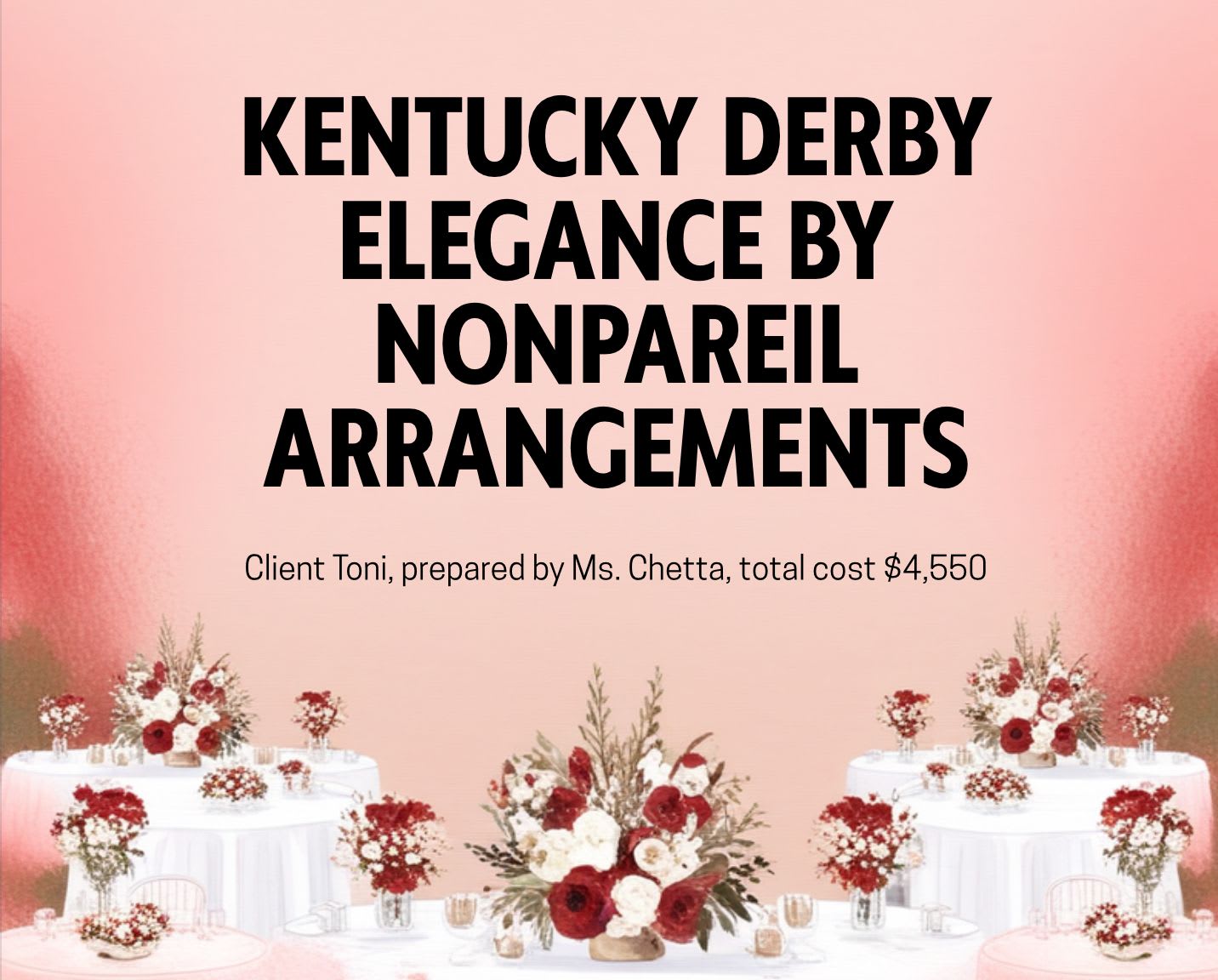 Event Type: Kentucky Derby–Themed Celebration - FLORAL CENTERPIECES &amp; ACCENT ARRANGEMENTS  Design Theme: Kentucky Derby–inspired elegance featuring a red-dominant palette, pops of white to highlight the event’s featured player, and soft seasonal florals for depth and visual richness.  Included: 	•	10 medium floral centerpieces for guest tables 	•	2 smaller accent arrangements per table 	•	2 medium floral centerpieces for accent tables 	•	Approx. 1,000 stems: red roses, hydrangeas, carnations, spray roses, and fillers 	•	4 floating candles per arrangement (included)