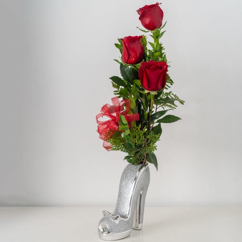 Just for you - 3 rose arrangement in shoe vase, (roses can be any color upon request)