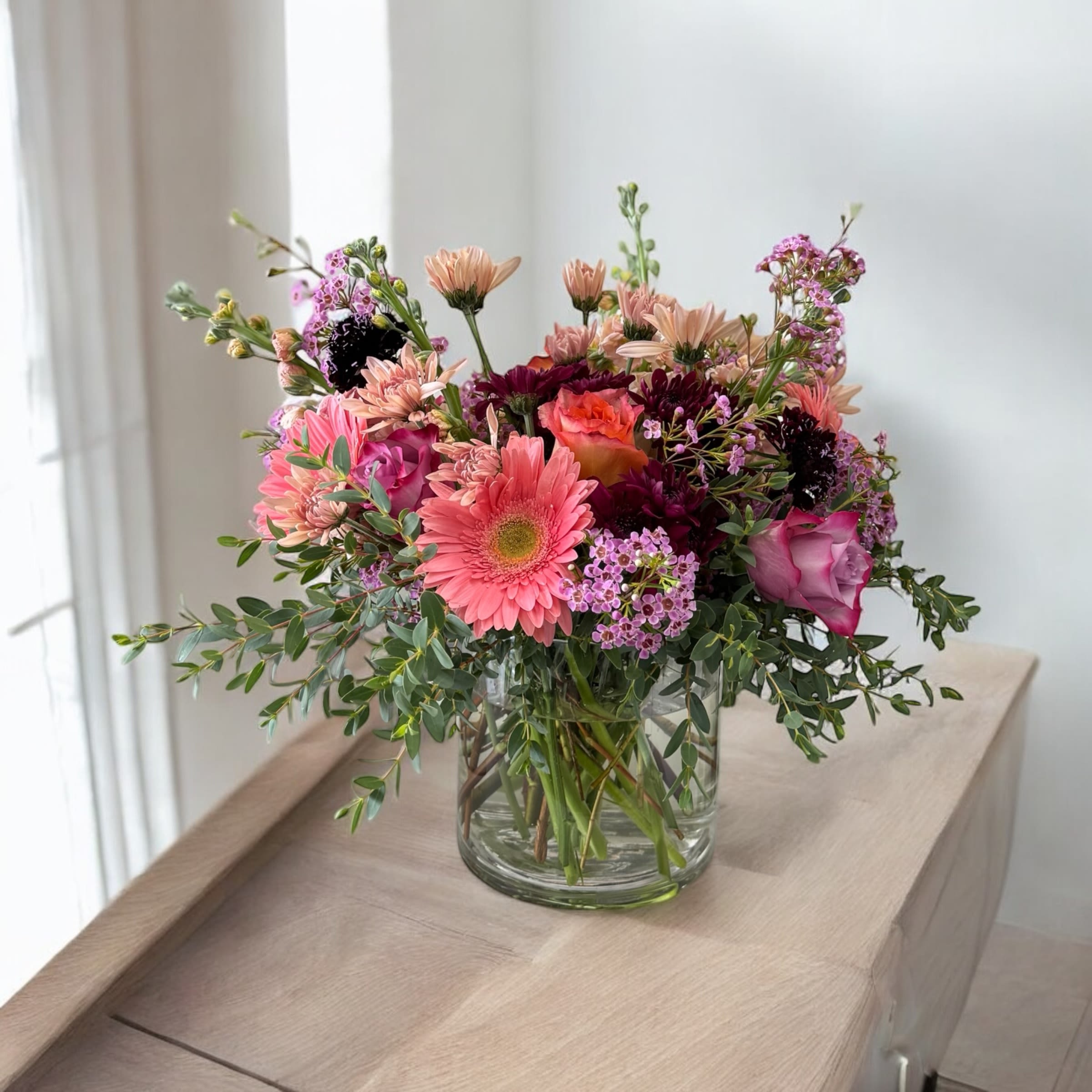 Make Mummy's Day - Lovely mix of peach &amp; purple Mums, Roses, and Gerber Daises tell Mummy you care!
