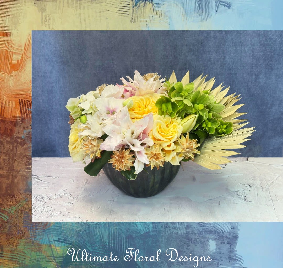  Golden Grace - Golden Grace is a refined floral arrangement featuring creamy Candlelight Garden roses, delicate hellebores, elegant rosa lilies, and soft accent blooms — all beautifully styled in a textured green bowl. A luxurious centerpiece perfect for spring events, intimate gatherings, or upscale home décor. Designed with care by Ultimate Floral Designs, serving Great Falls, VA and the Washington, D.C. area.