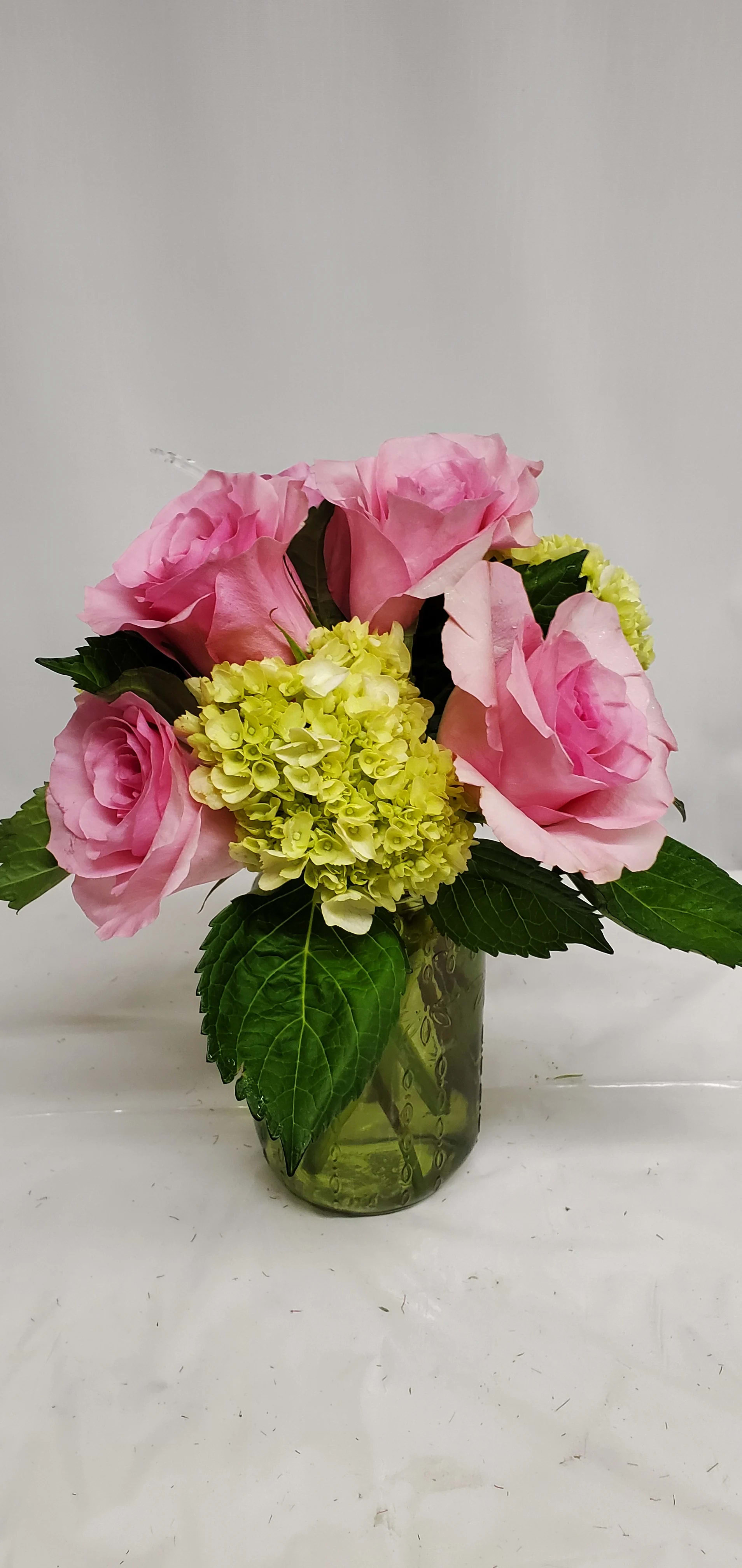 Grandma's Garden - Green hydrangea &amp; pink roses in mason jar
