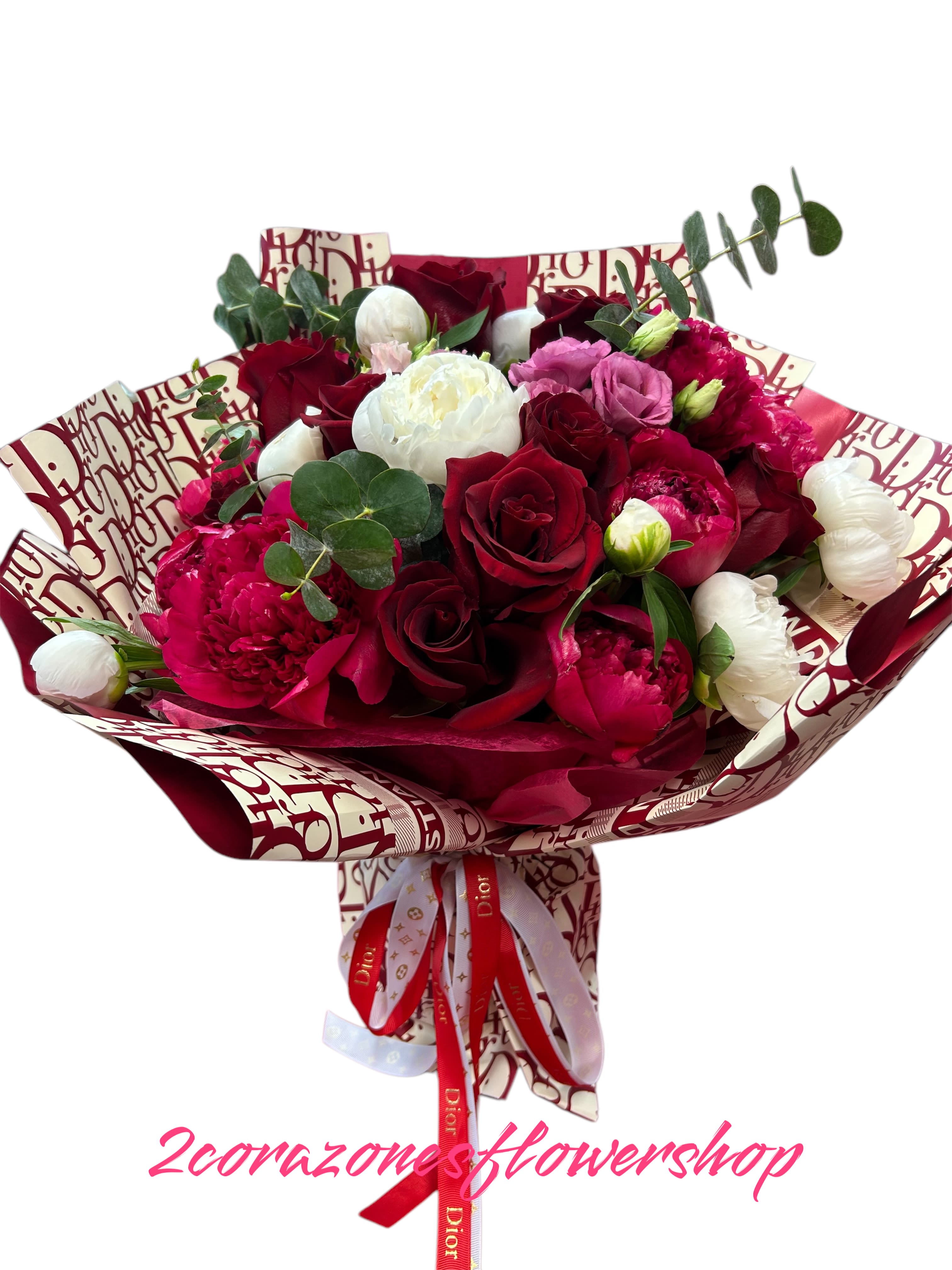 Love for you - A bouquet with a combination of white and hot pink peony, red roses, mini purple and pink roses, and ecualyptus.