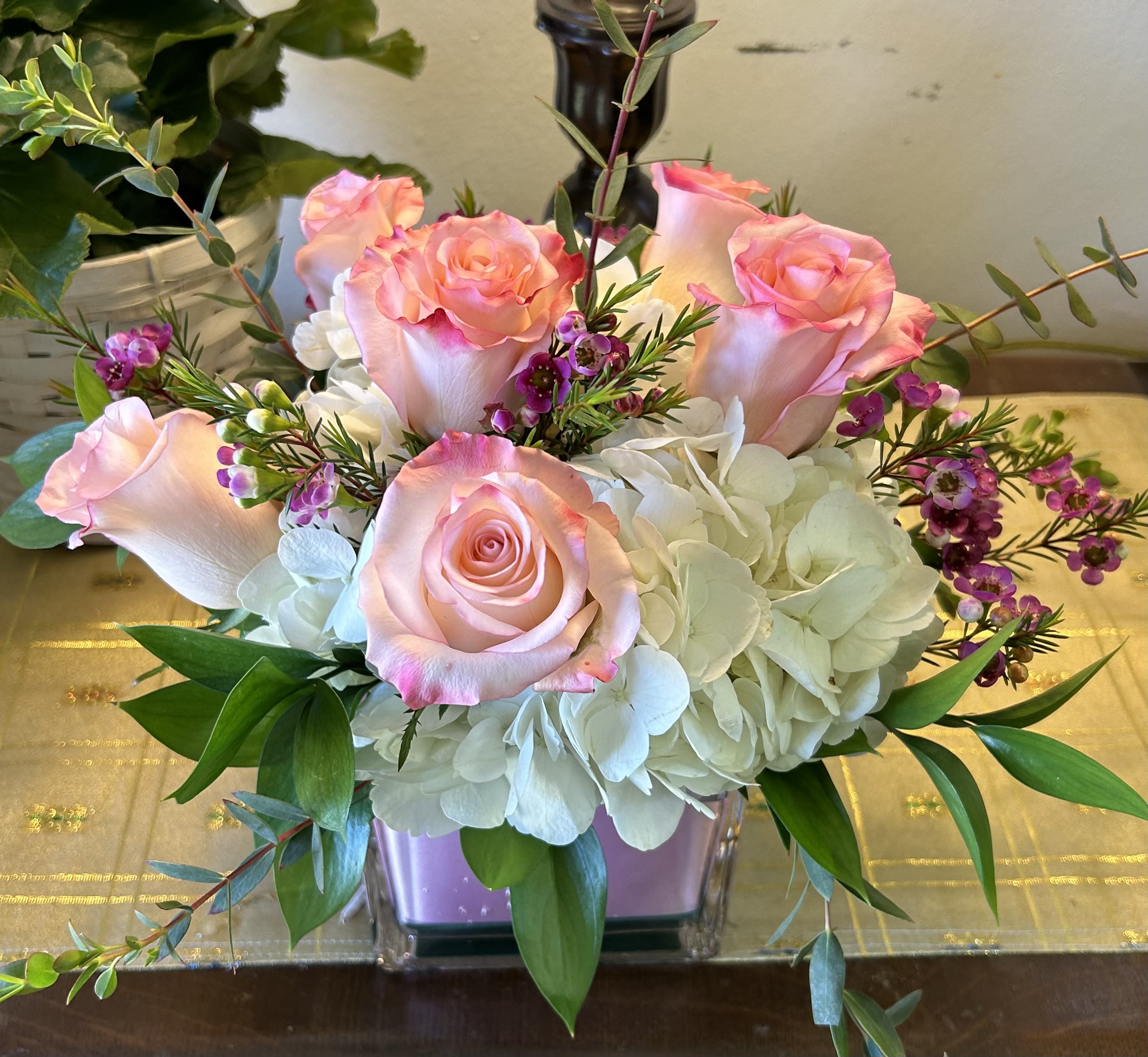 Blush Rose and Hydrangeas Blush Rose and Hydrangeas - White hydrangeas with blush pink roses in a glass cube