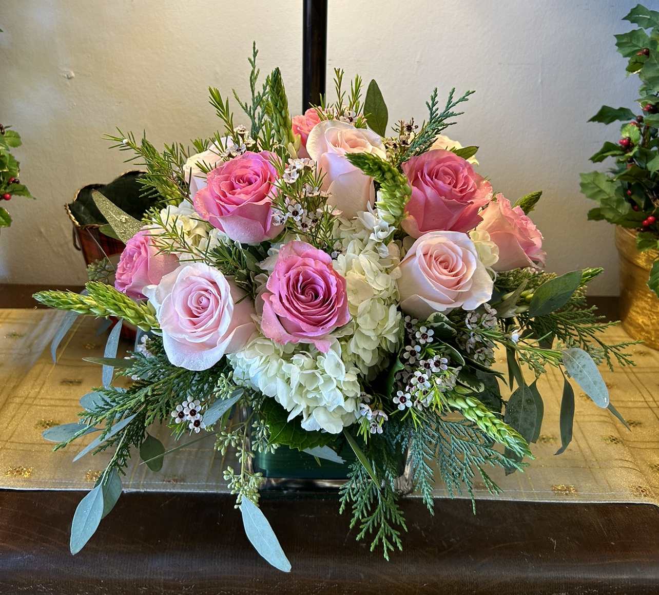 Roses and hydrangeas Roses and hydrangeas - White hydrangeas, and one dozen pink roses with greenery and filler
