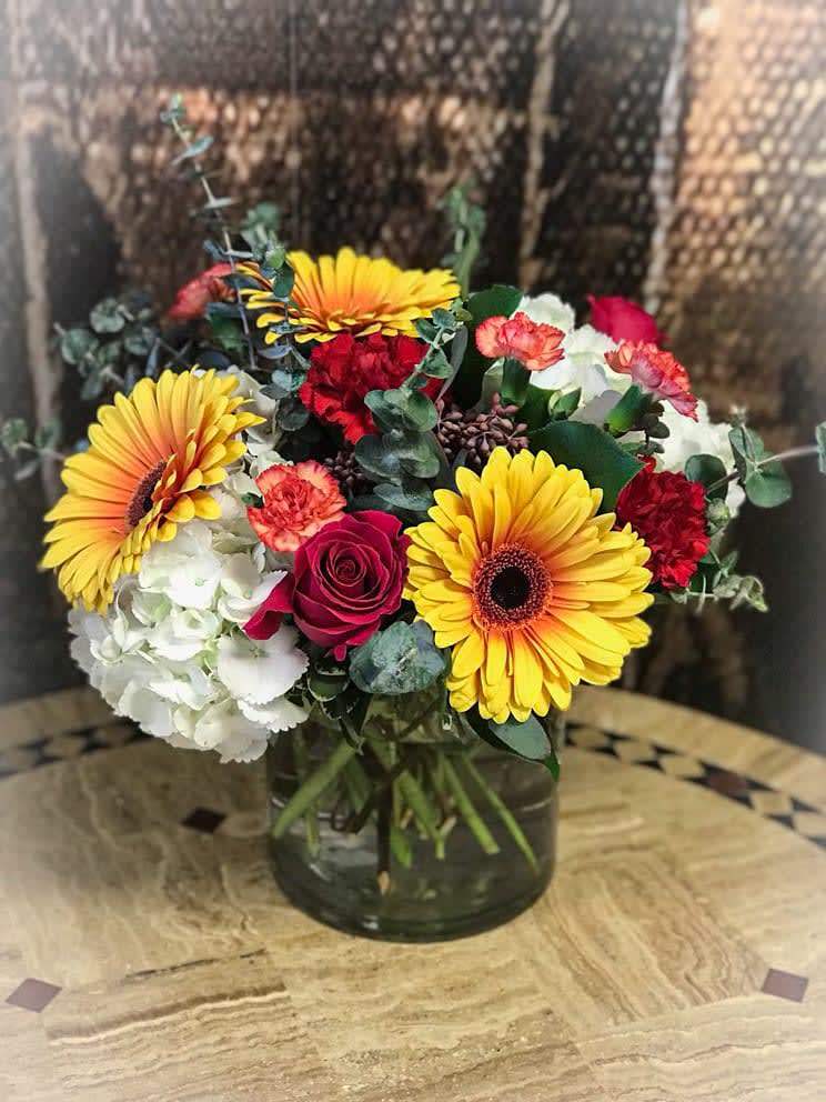 Vibrant Sunshine - 6 inch cylinder filled with whites, reds and oranges.  Soft and lovely and perfect for any occasion!